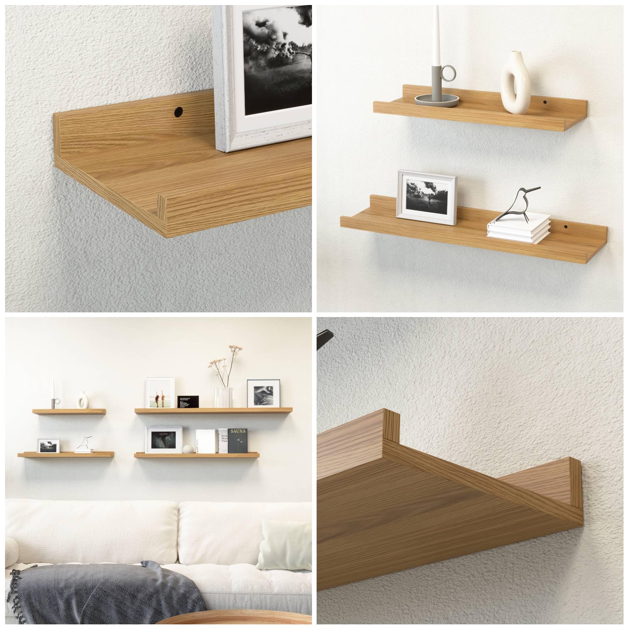 Back. Dazzed Corner - 5 Set Floating Shelves for Wall Decor, with Lip - Oak.