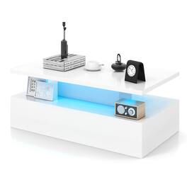 Gymax - LED Coffee Table 2-Tier High Glossy with Adjustable Light & Remote Control - White