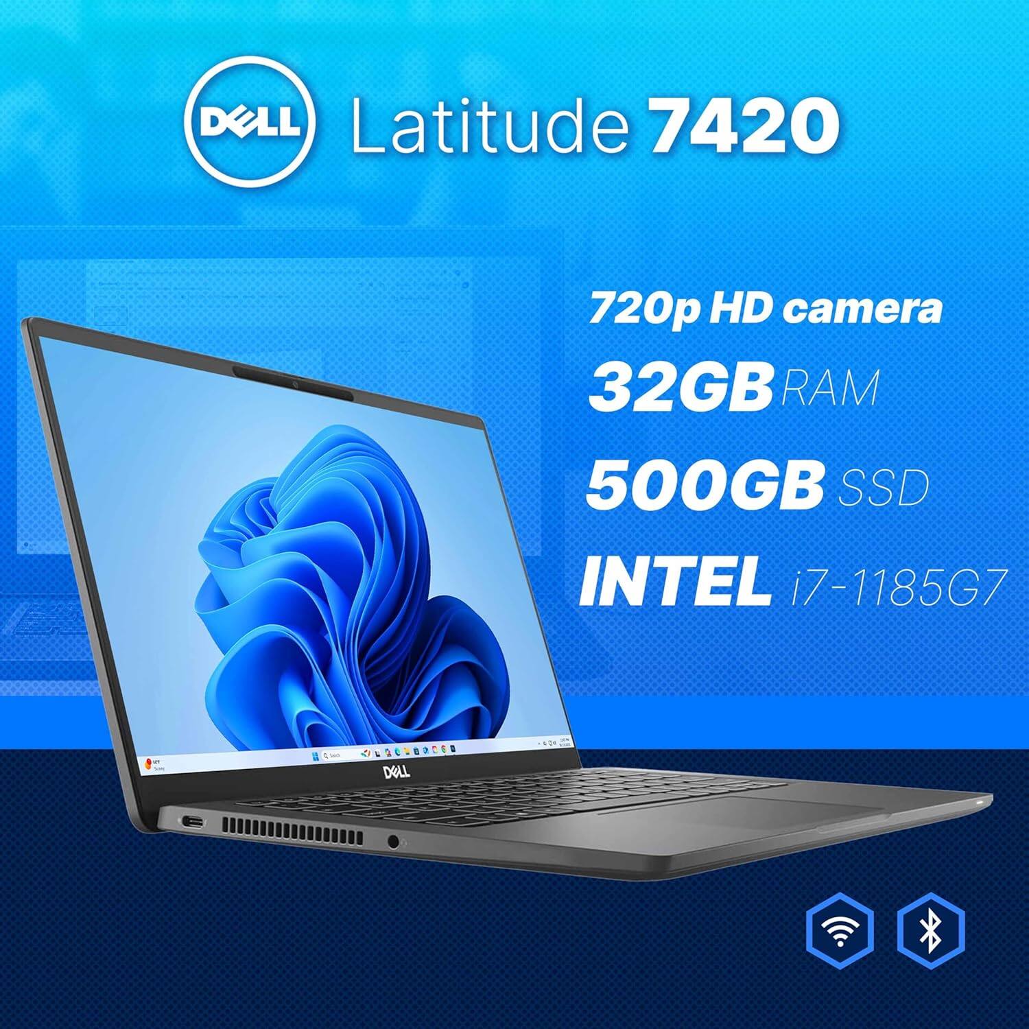 DELL Latitude 7420  
720p HD camera  
32GB RAM  
500GB SSD  
INTEL i7-1185G7