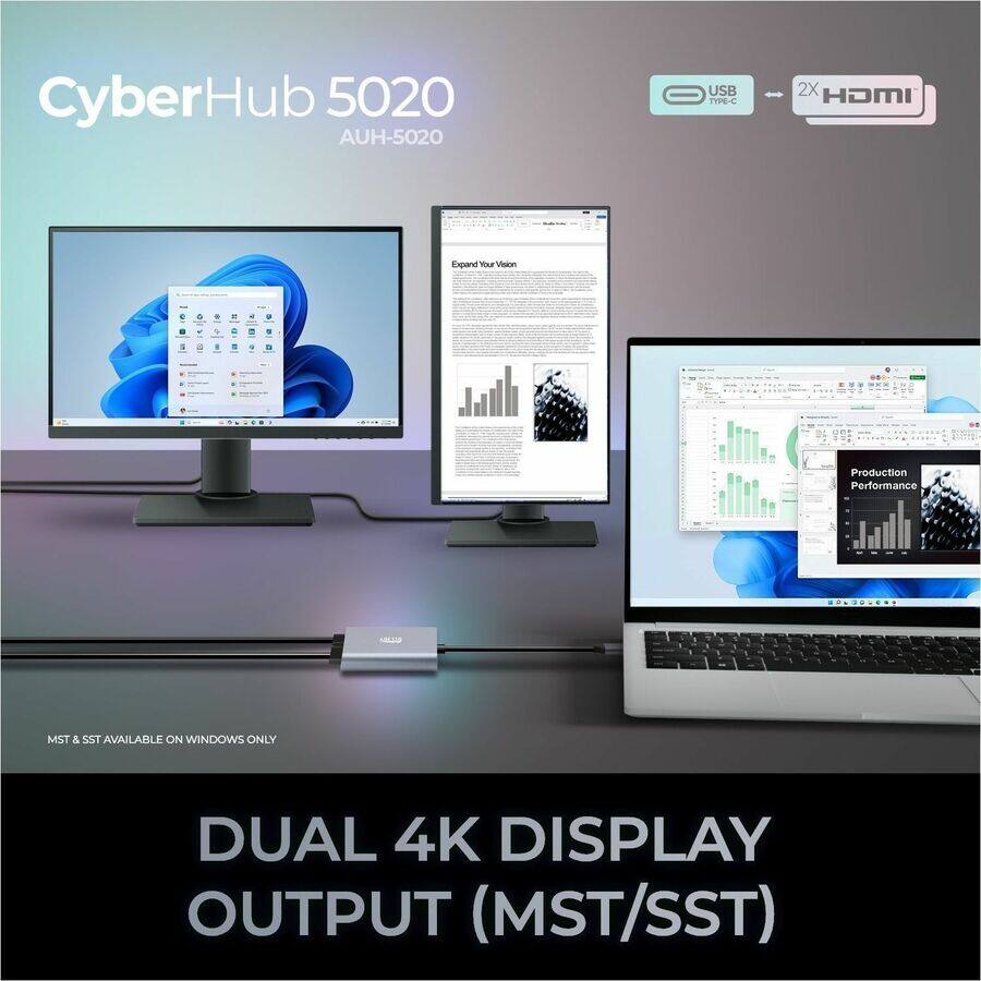 CyberHub 5020  
AUH-5020  

USB TYPE-C  
2X HDMI  

Expand Your Vision  

Production Performance  

MST & SST AVAILABLE ON WINDOWS ONLY  

DUAL 4K DISPLAY OUTPUT (MST/SST)