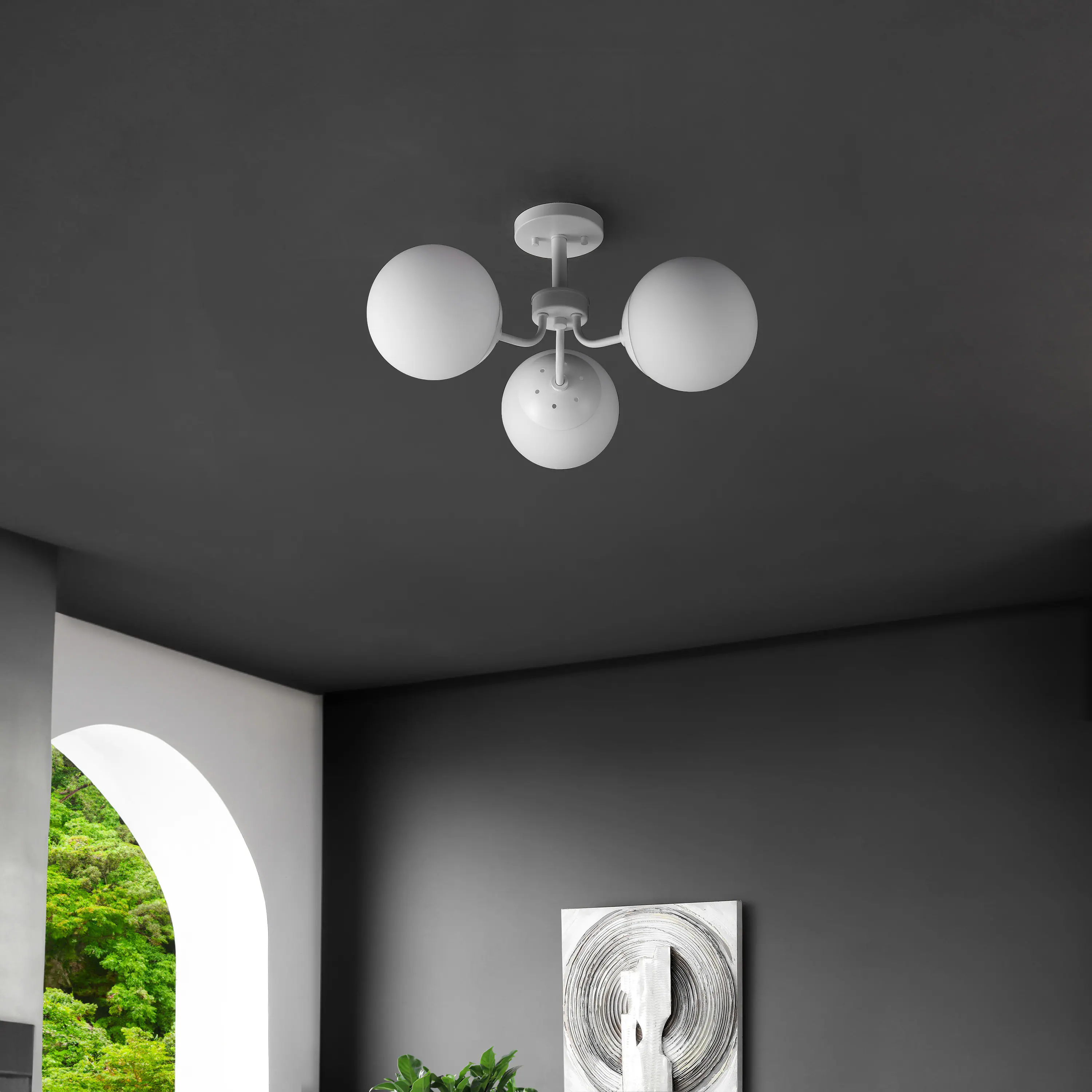 Alt View 5. Jonathan Y - Olivier 23.5" 3-Light Bohemian Farmhouse Iron/Frosted Glass LED Semi Flush Mount, White - White.