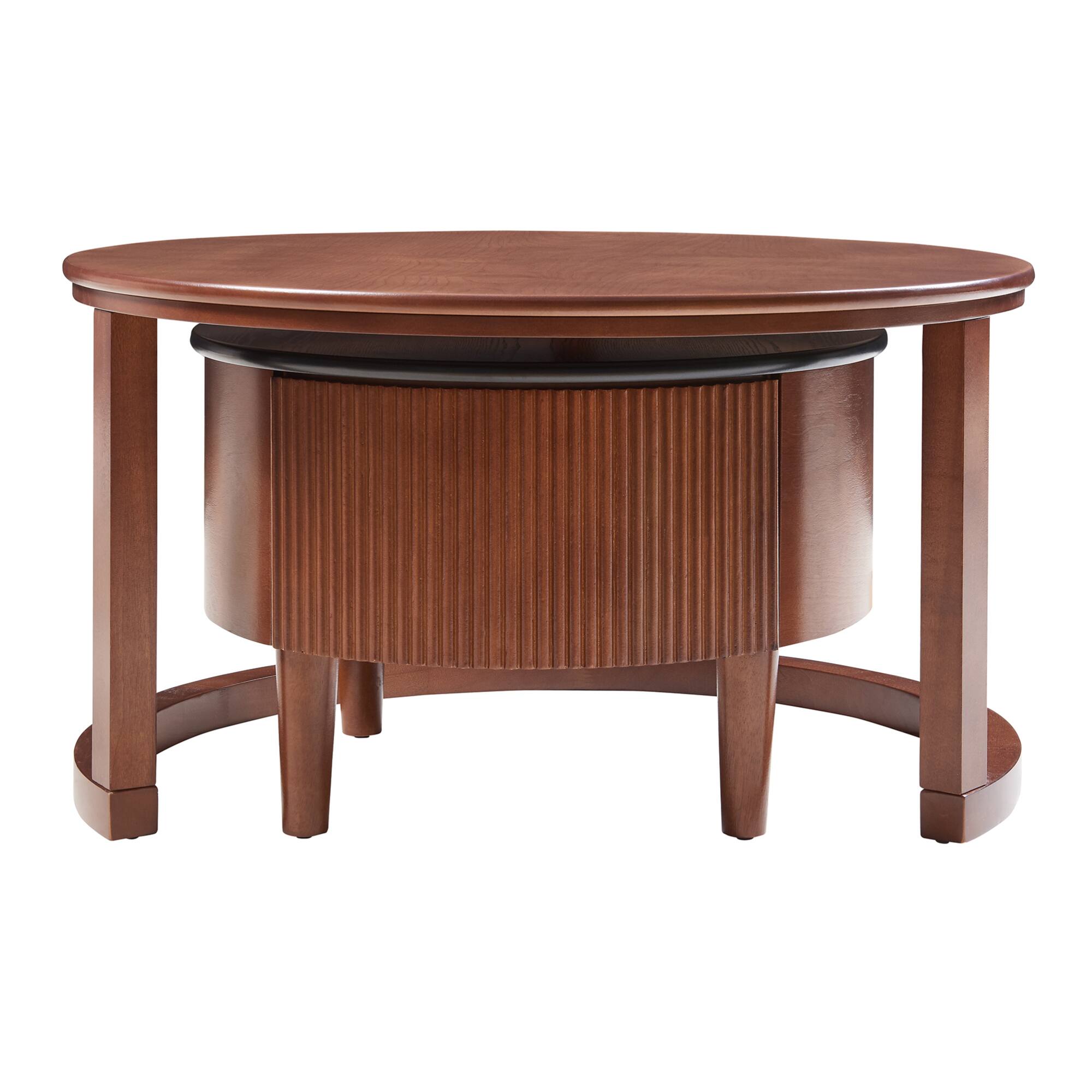 Alt View 4. GOODSILO - Vintage Round Nesting Coffee Table Set with Fluted Drawer in Two-Tone Finish - Walnut.