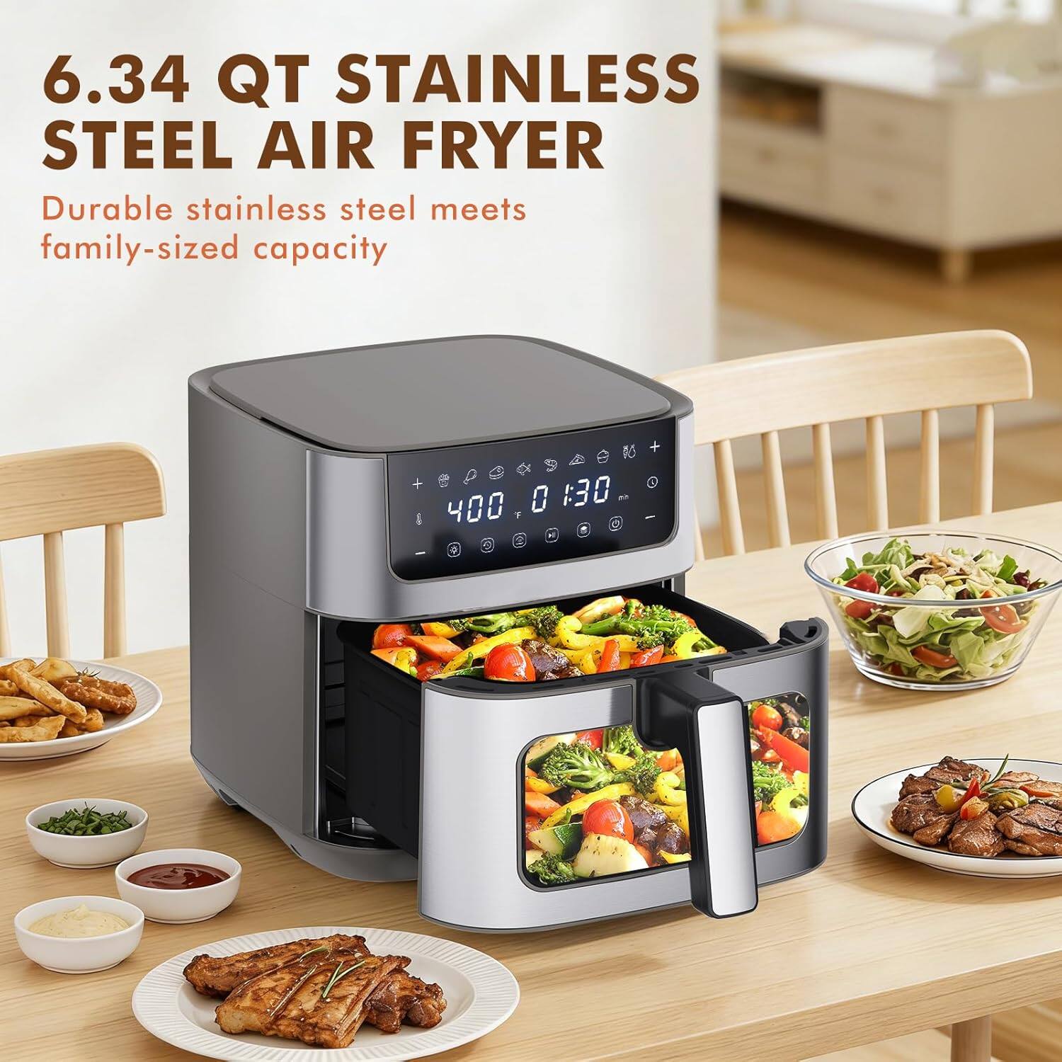 6.34 QT STAINLESS STEEL AIR FRYER  
Durable stainless steel meets family-sized capacity