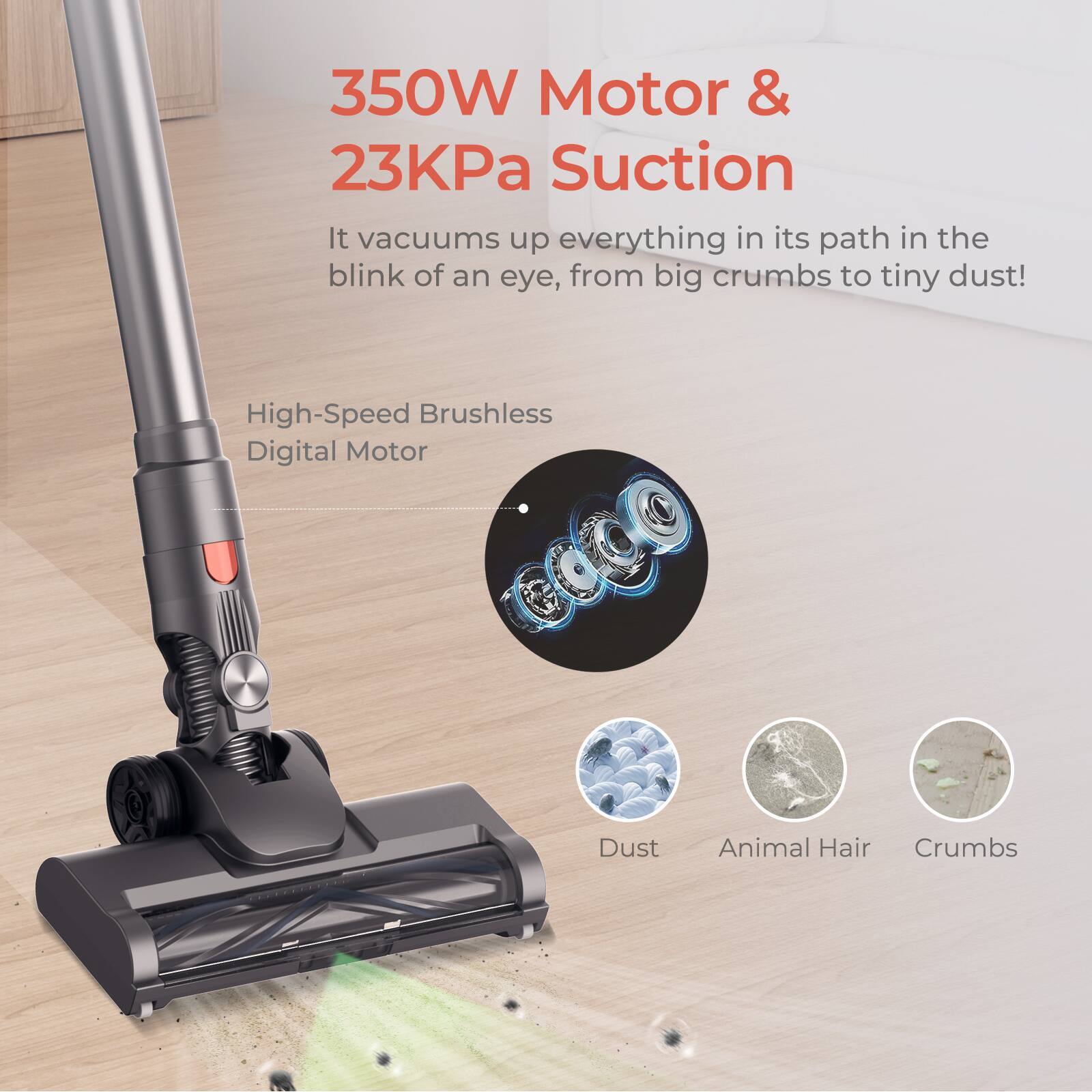 350W Motor & 23KPa Suction

It vacuums up everything in its path in the blink of an eye, from big crumbs to tiny dust!

High-Speed Brushless Digital Motor

Dust  
Animal Hair  
Crumbs