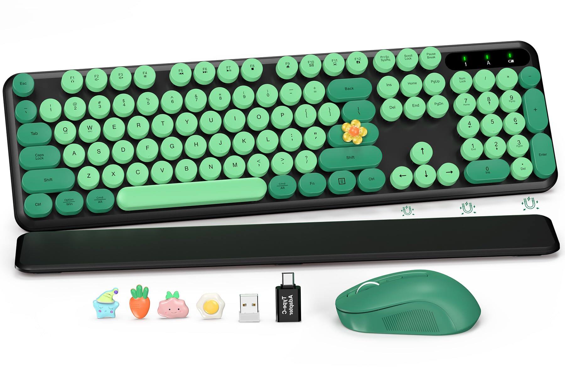 PARKER SLATER - Wireless And Mouse Combo Cute Round Keycaps Full-size Retro Typewriter With Detachable Wrist Rest 2.4ghz Cordless - Black & Green