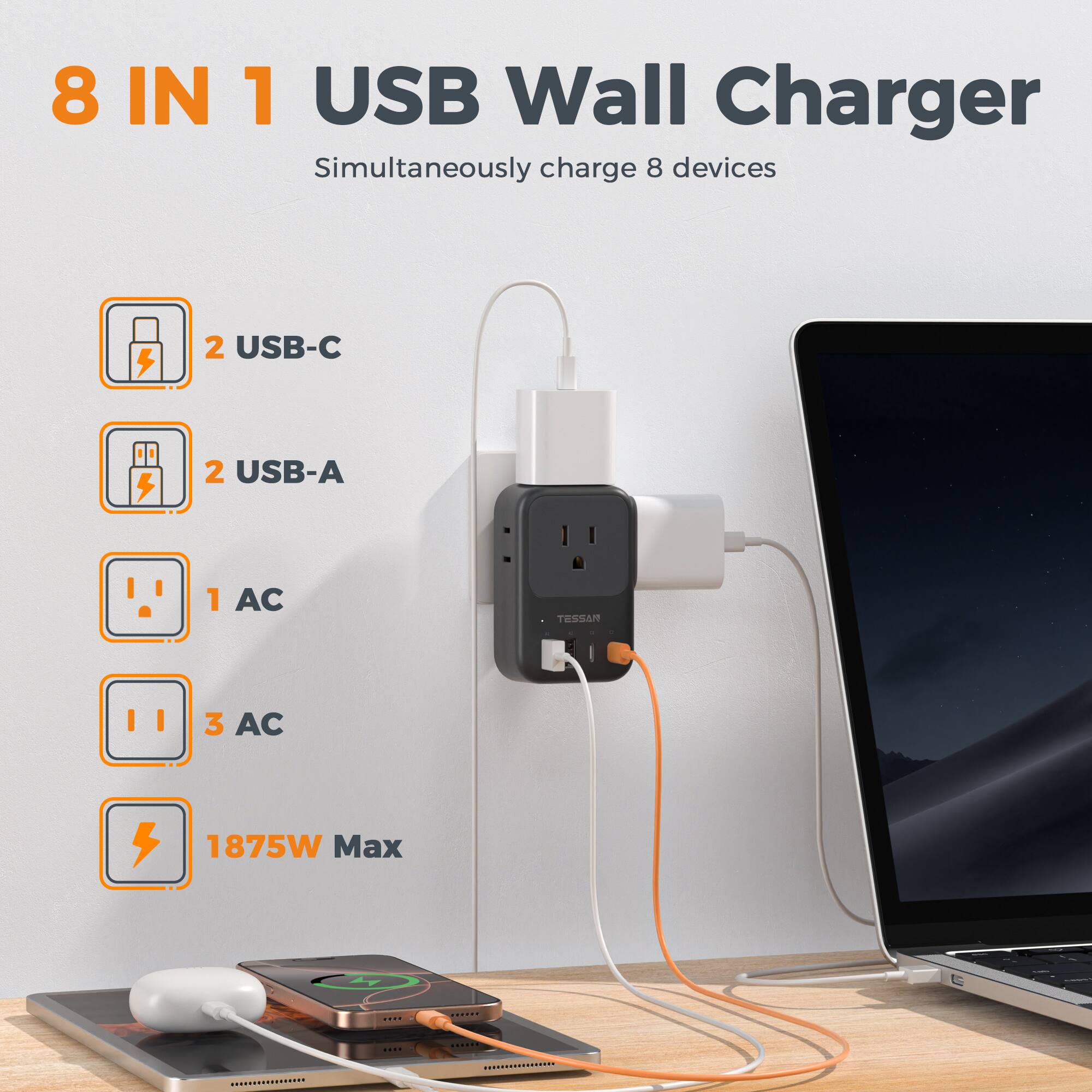 8 IN 1 USB Wall Charger  
Simultaneously charge 8 devices

2 USB-C  
2 USB-A  
1 AC  
3 AC  
1875W Max