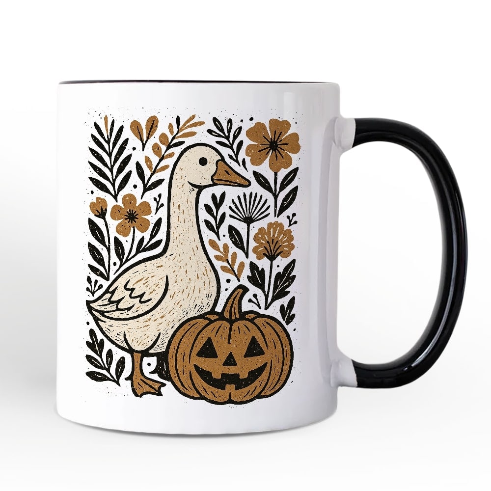 OrnamentallyYou - Boho Goose Halloween Pumpkin Mug, Spooky Fall Floral Gift - White