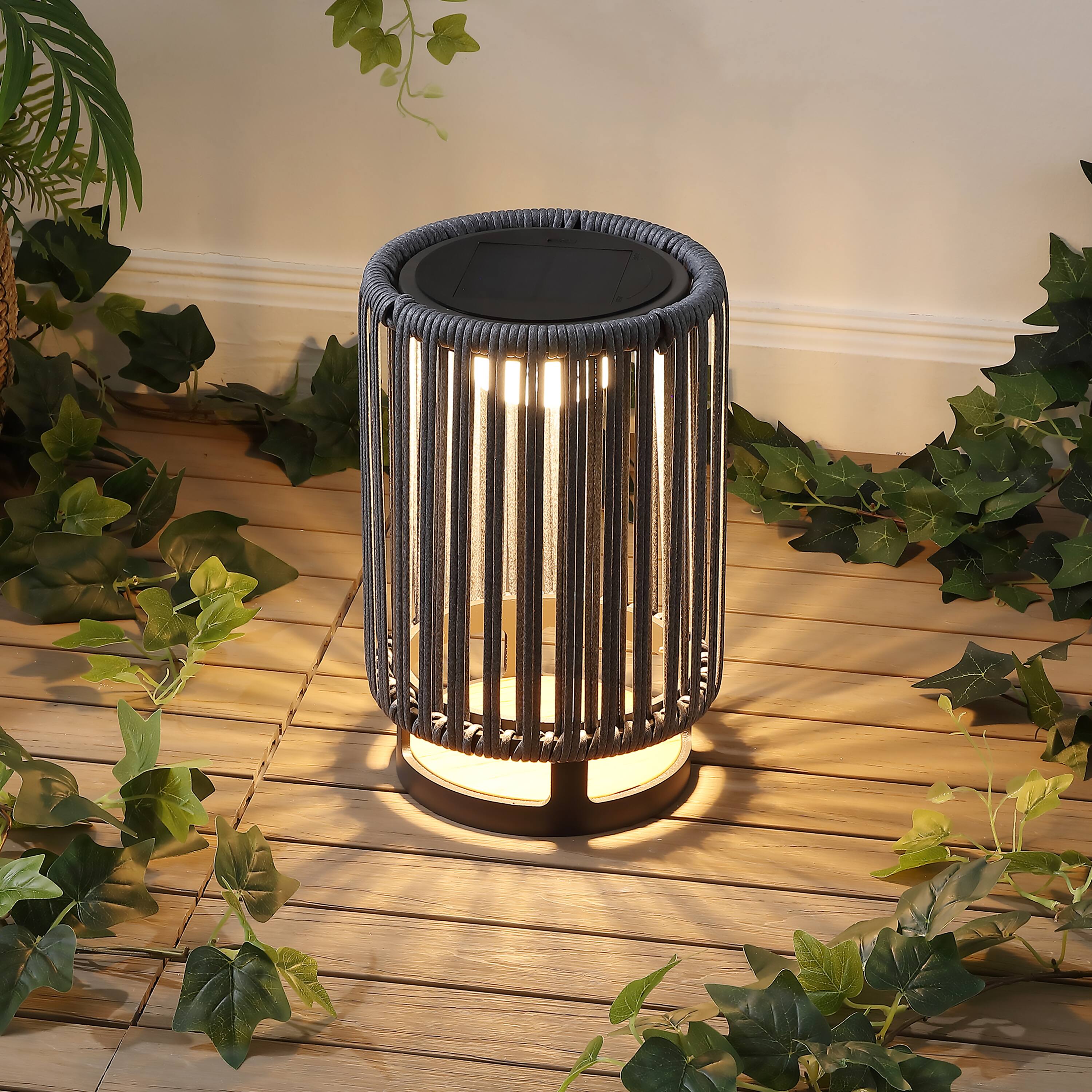 Alt View 1. Jonathan Y - Sawara 12.5" Modern Minimalist Faux Rattan Integrated Indoor/Outdoor LED Solar Powered Lantern, Charcoal/Black - Black/Gray.
