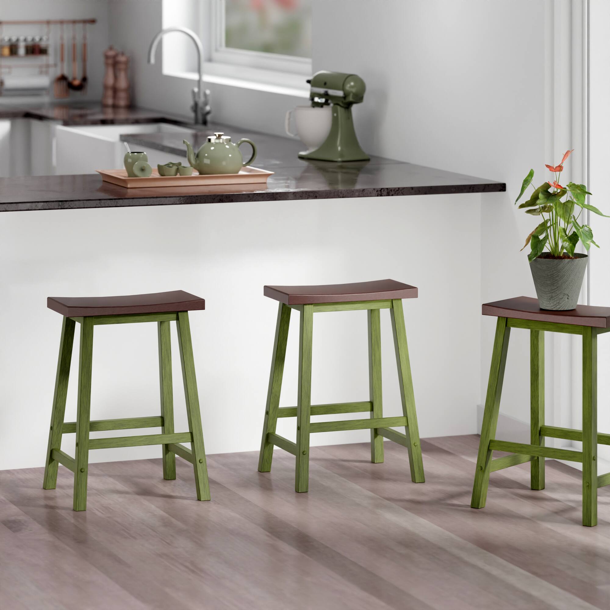 Alt View 6. Winsome Wood - Satori Saddle Seat Counter Stool - Walnut/Rustic Green.