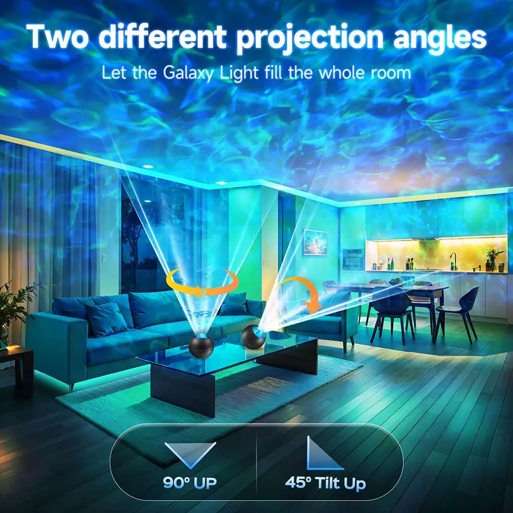 Two different projection angles  
Let the Galaxy Light fill the whole room  

90° UP  
45° Tilt Up
