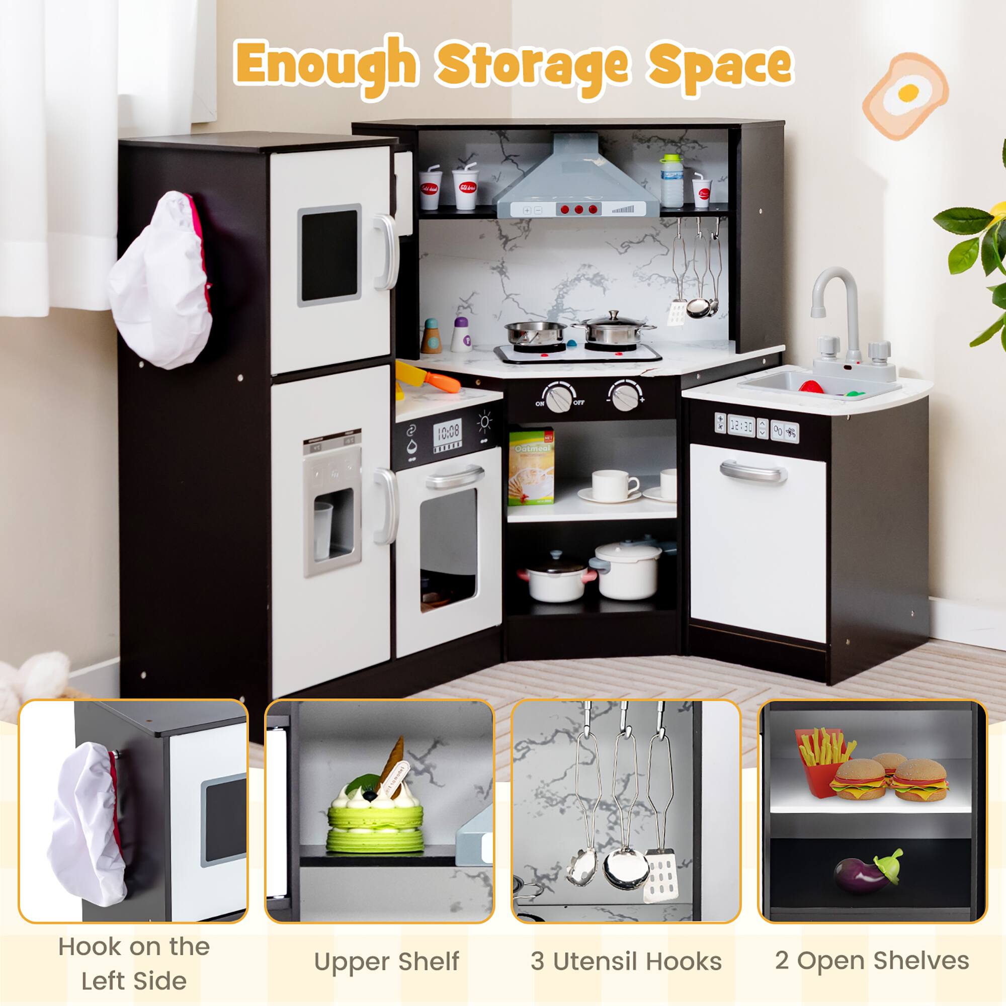Enough Storage Space

12:00
OK
OFF
4
10:08 1000
Outmeal
12:30
VAL

Hook on the Left Side
Upper Shelf
3 Utensil Hooks
2 Open Shelves