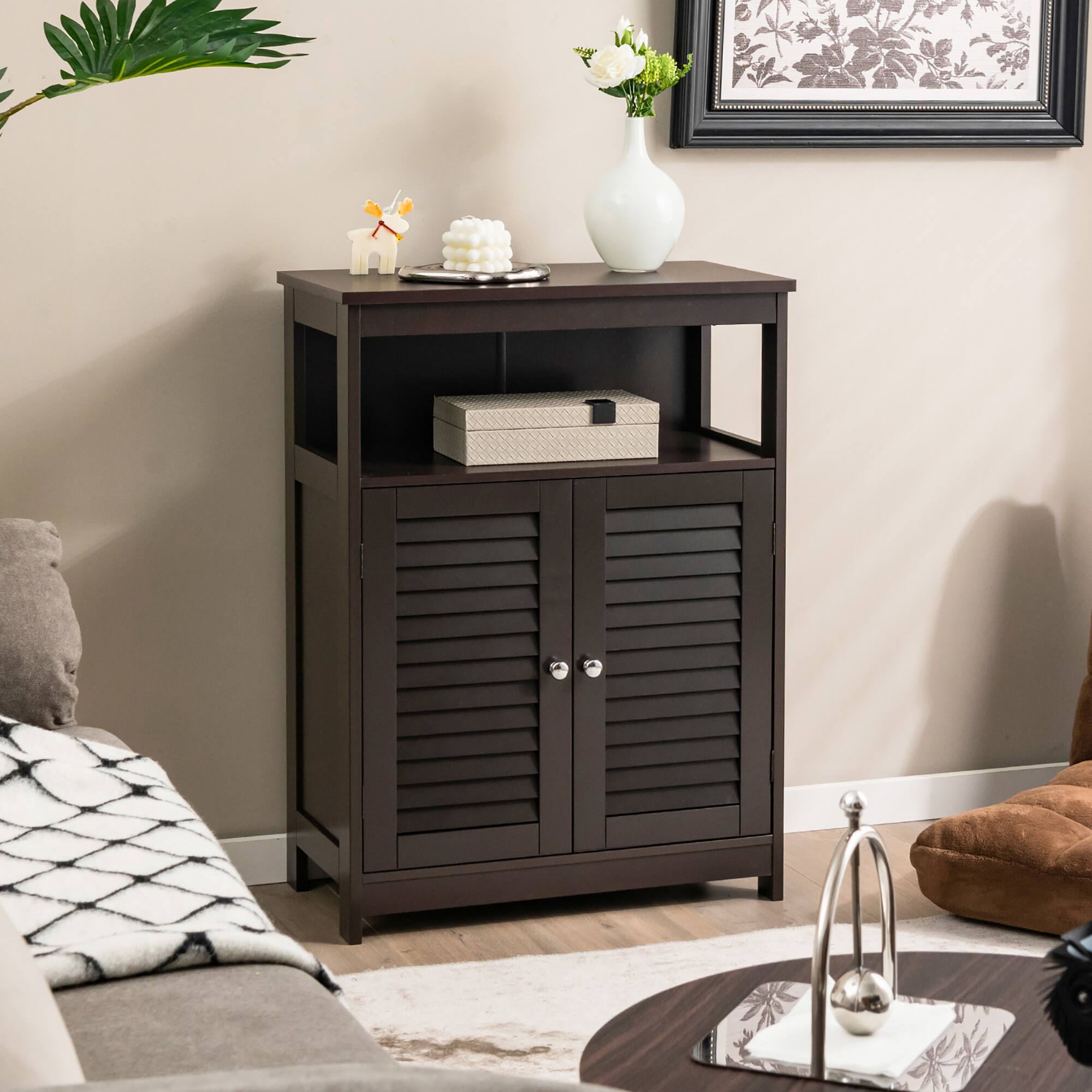 Alt View 1. Costway - Costway Bathroom Storage Wood Floor Cabinet with Double Shutter Door - Coffee.