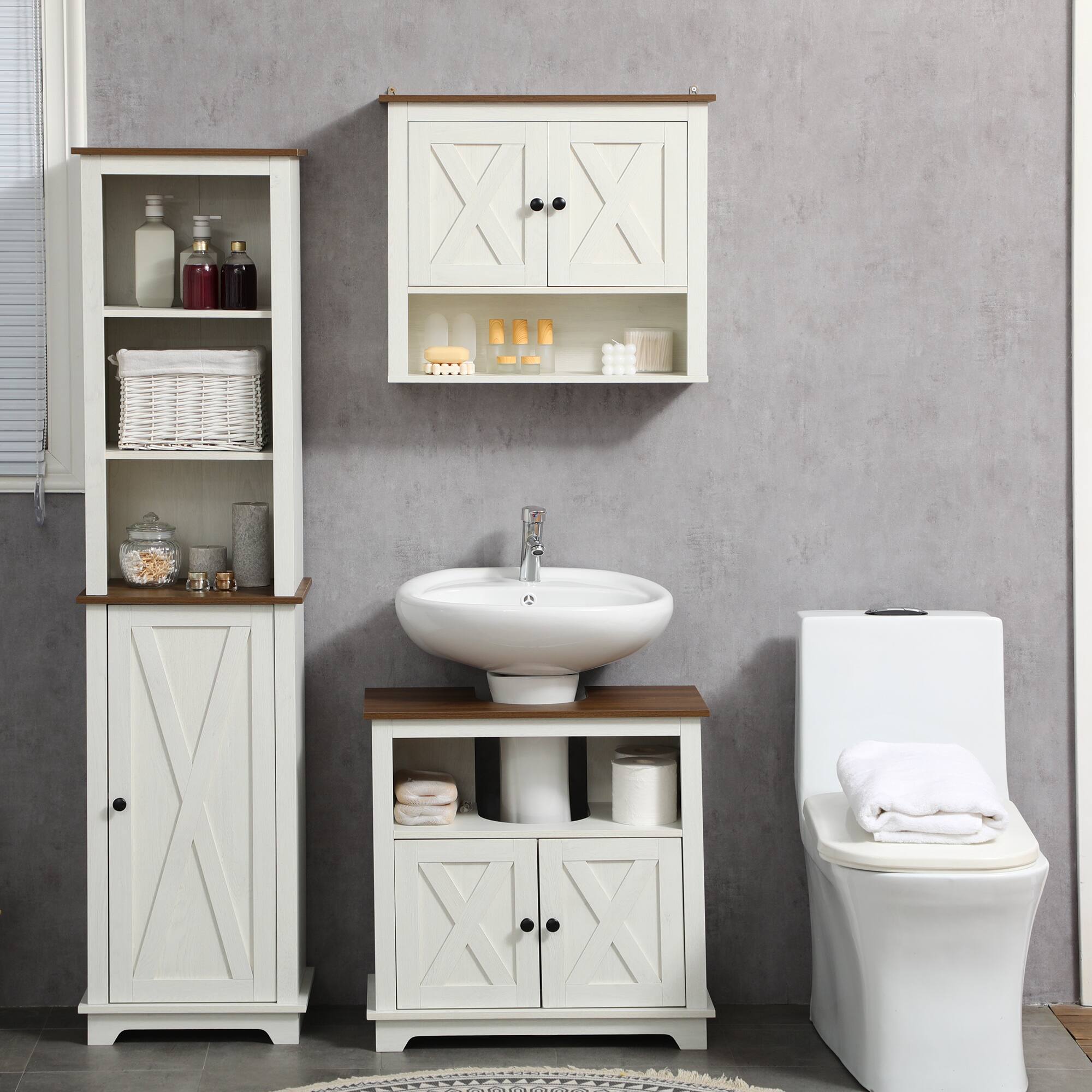 Alt View 8. Kleankin - Farmhouse Under Sink Bathroom Cabinet, Pedestal Vanity Storage Cabinet with Double Doors and Storage Shelves - White.