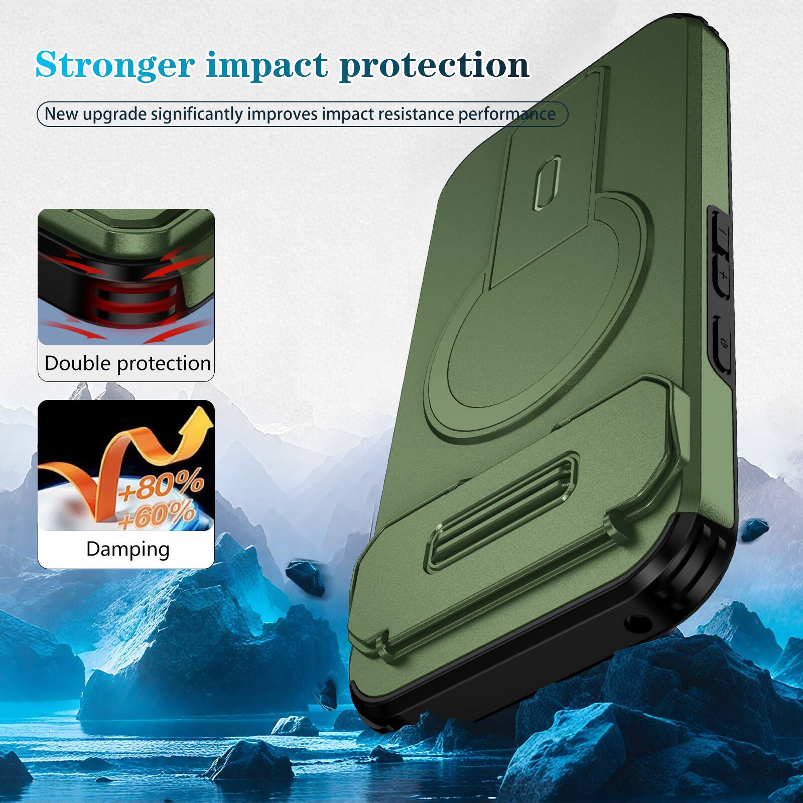 Stronger impact protection  
New upgrade significantly improves impact resistance performance  
Double protection  
+80% +60% Damping
