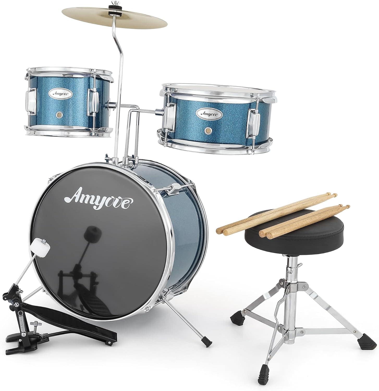 GARVEE - 3-Piece Drum Set with Bass Drum, Tom, Cymbal, Sticks, Pedal & Stool, Beginner Percussion Kit, Blue
