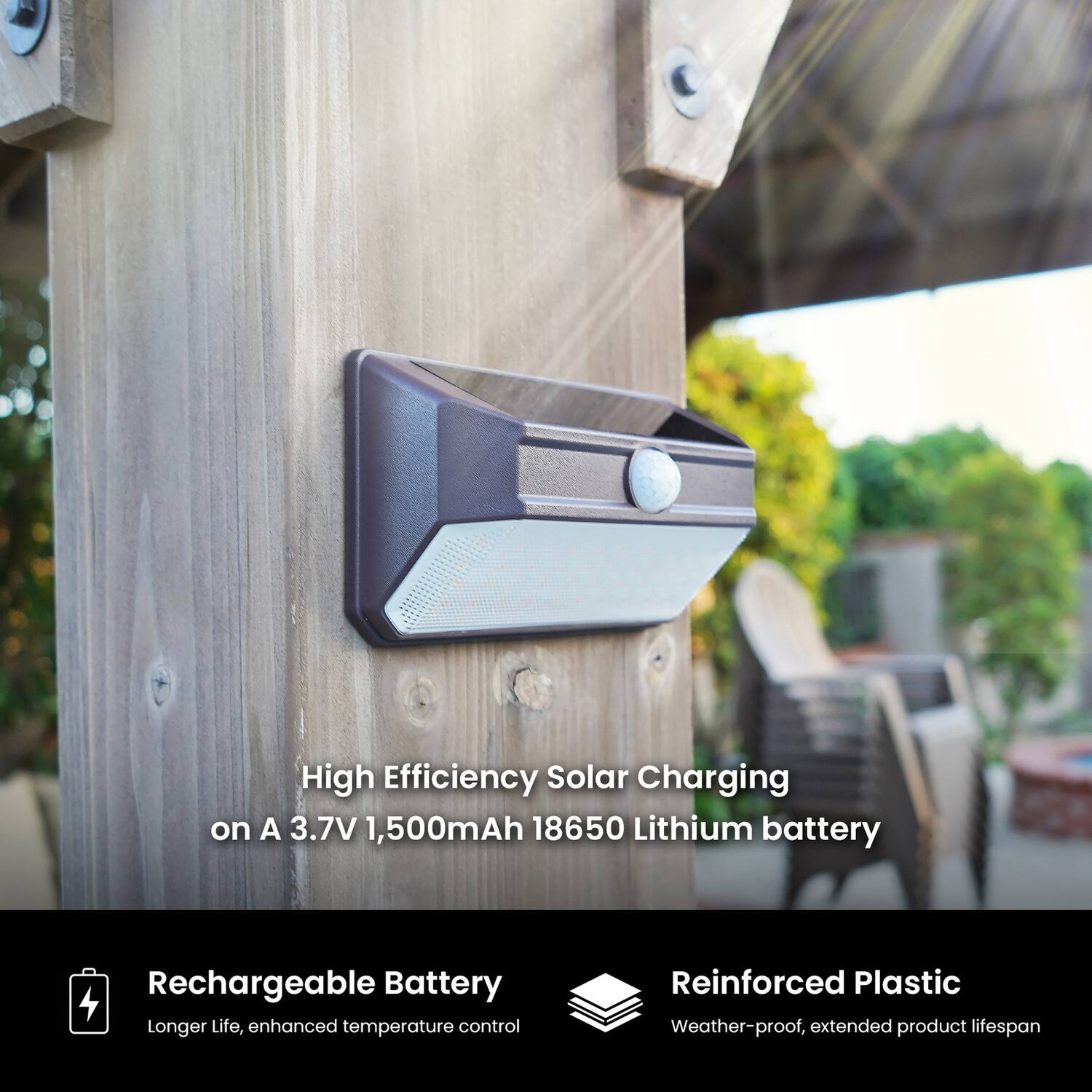 High Efficiency Solar Charging on A 3.7V 1,500mAh 18650 Lithium battery

Rechargeable Battery
- Longer Life, enhanced temperature control

Reinforced Plastic
- Weather-proof, extended product lifespan