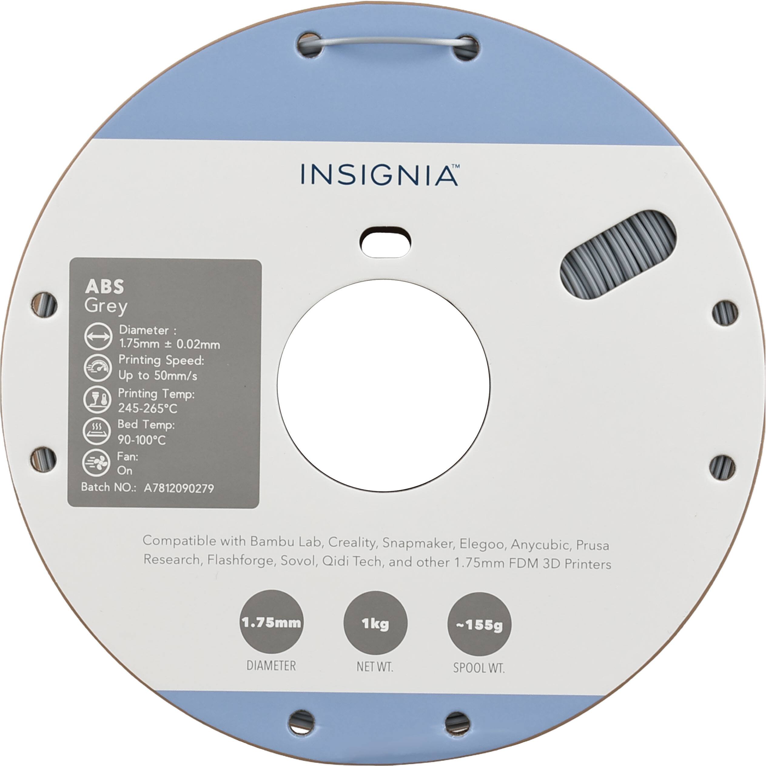 M INSIGNIA ABS Grey  
Diameter: 1.75mm ± 0.02mm  
Printing Speed: Up to 50mm/s  
Printing Temp: 245-265°C  
Bed Temp: 90-100°C  
Fan: On  
Batch NO.: A7812090279  

Compatible with Bambu Lab, Creality, Snapmaker, Elegoo, Anycubic, Prusa Research, Flashforge, Sovol, Qidi Tech, and other 1.75mm FDM 3D Printers  

1.75mm  
1kg  
~155g  

DIAMETER  
NET WT.  
SPOOL WT.