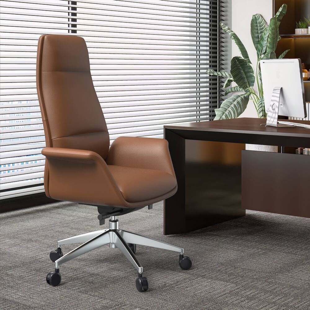 Angle. LeisureMod - Summit Ergonomic High Back Office Chair, Leather Desk Chair, Metal Frame, Adjustable Height, Swivel & Tilt, Plush Seat - Dark Brown.