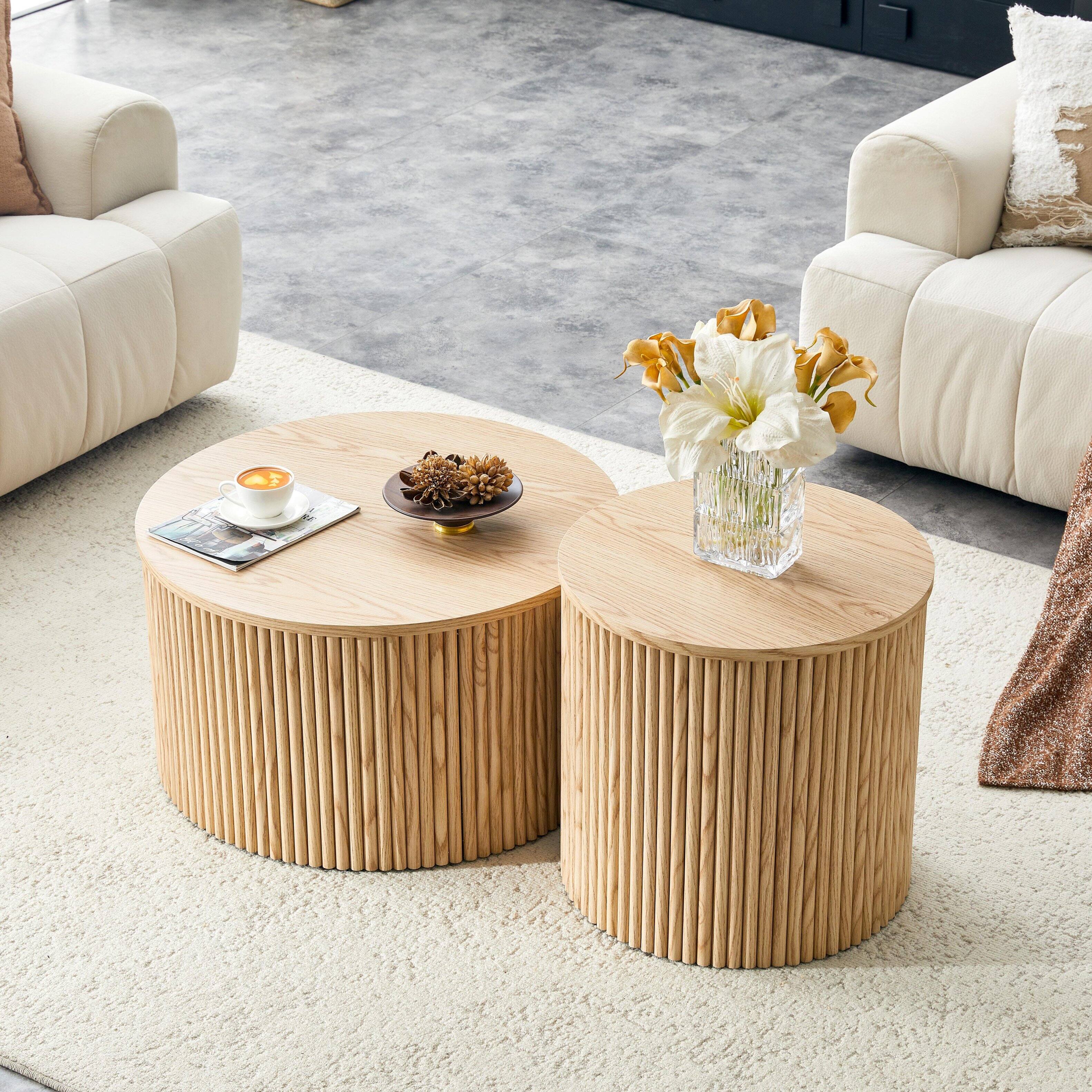 Alt View 2. Loheer - Loheer- 2.6ft Round Nesting Coffee Table Set with Storage Roman Column Light Wood Grain Side Tables for Living Room - Wood.