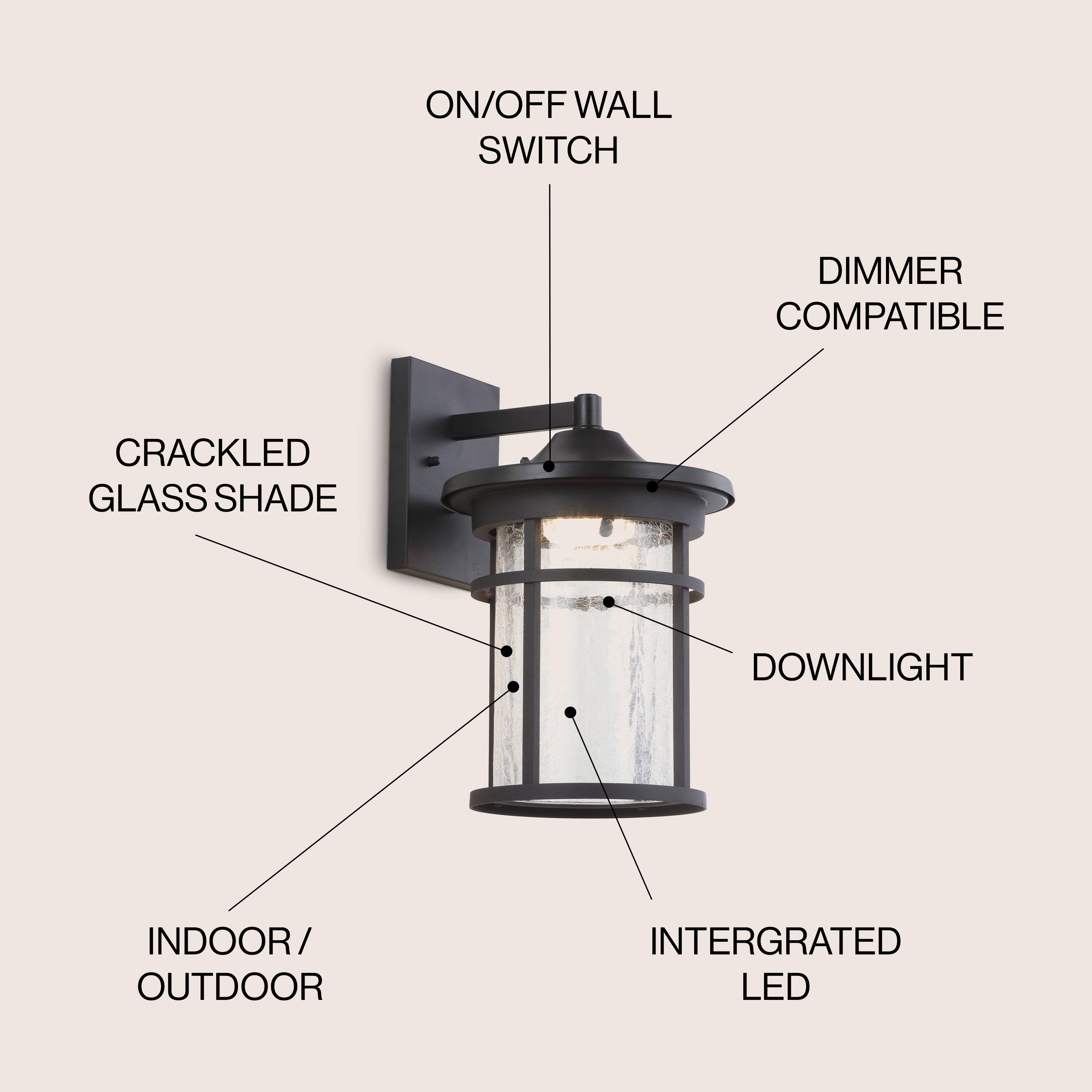 ON/OFF WALL SWITCH DIMMER COMPATIBLE CRACKLED GLASS SHADE DOWNLIGHT INDOOR/OUTDOOR INTERGRATED LED