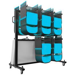 Emma + Oliver - Kirk Heavy Duty Folding Table and Chairs Mobile Cart with Locking Wheels and Included Outdoor Cover and Bungee Cords - Black