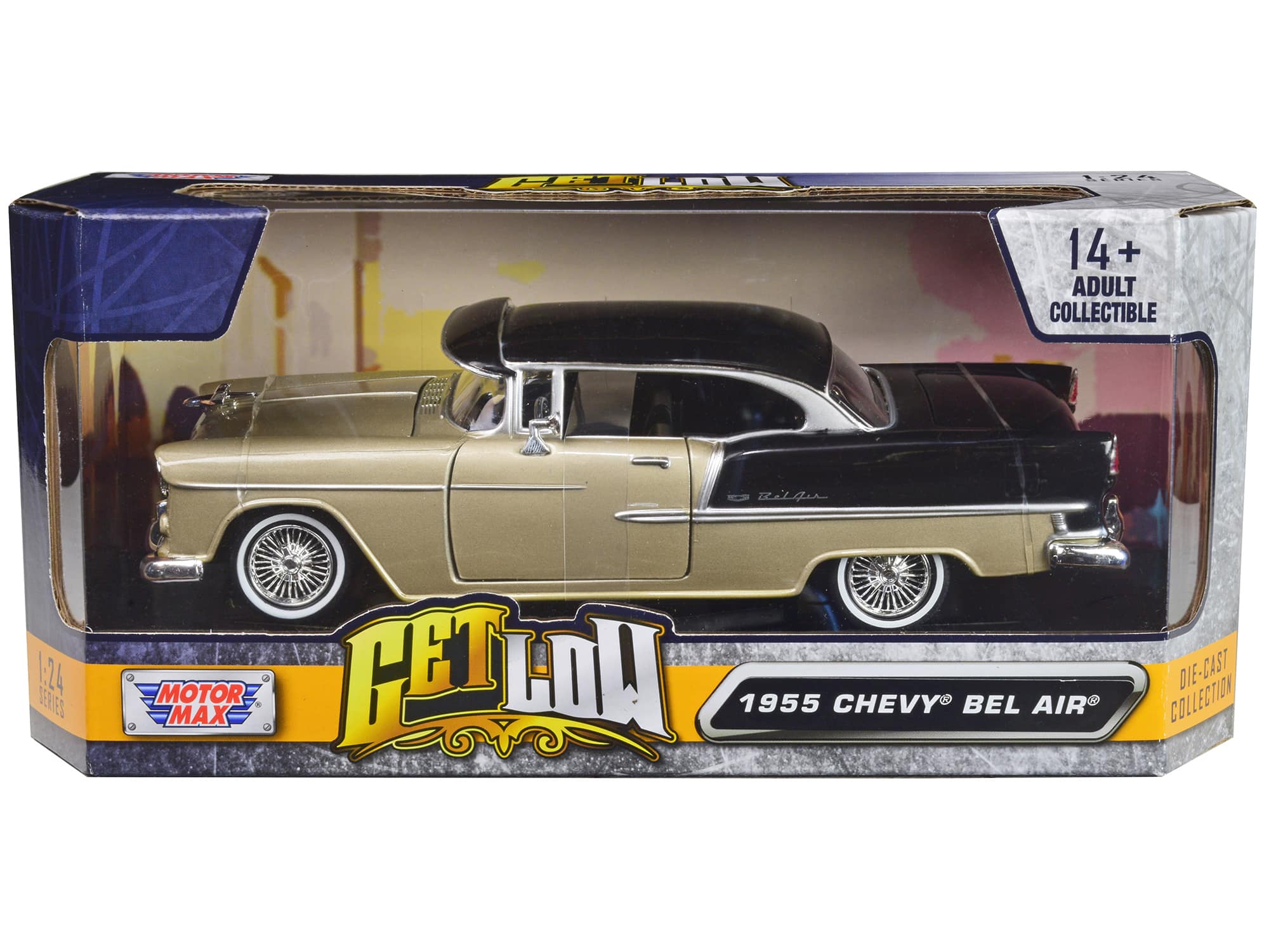 "1955 Chevrolet Bel Air Lowrider Hard Top Beige Metallic and Black ""Get Low"" Series 1/24 Diecast Car Model by Motormax" price history on PriceWatchPro
