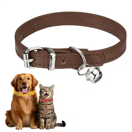 Front. Unique Bargains - Dog Collar with Bell, Pu Leather Cat Collars Pet Basic Soft Padded Adjustable Buckle, 1 Pc, for Small Animals - Brown.