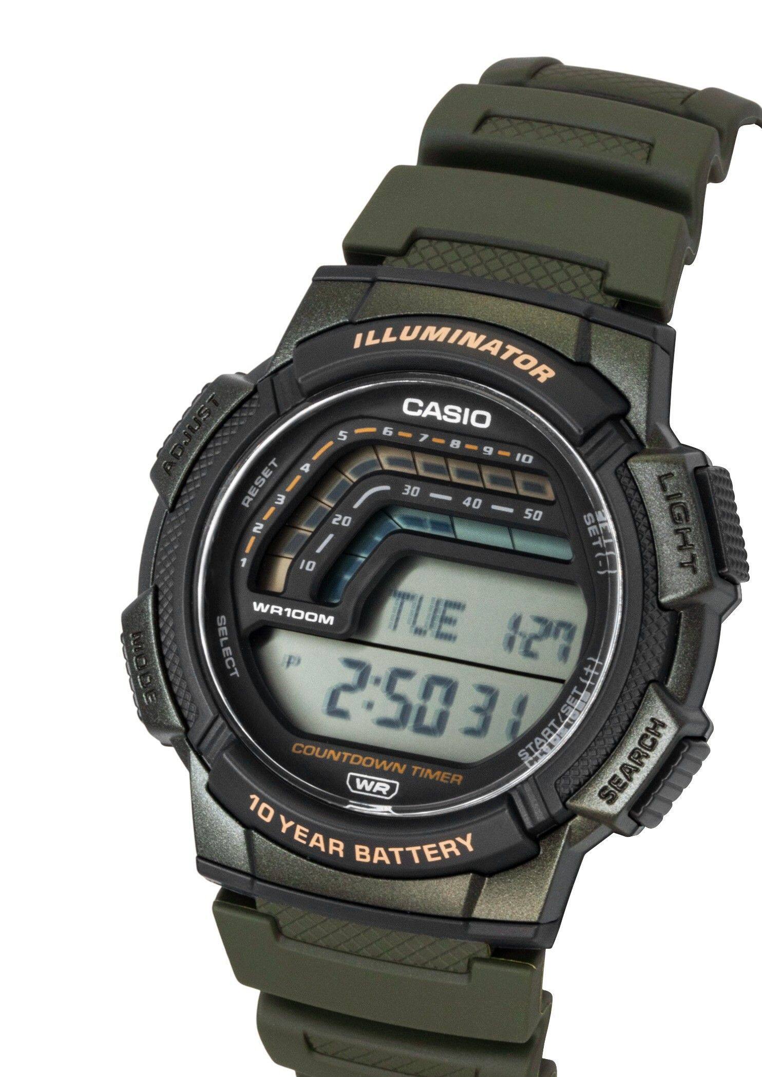 ILLUMINATOR  
CASIO  
6 7 8 9 10  
ADJUST  
RESET 3  
30 40 50  
LIGHT  
TUE 1:27  
MODE 2:50  
WR100M  
SELECT  
COUNTDOWN TIMER  
SEARCH  
10 YEAR BATTERY