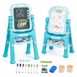 Costway - Kids Art Easel Height Adjustable with 22 Accessories and Red Peach Fuzz - Blue
