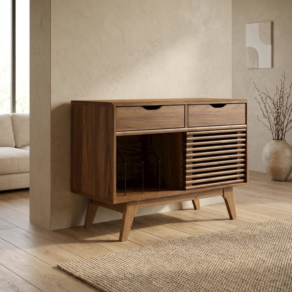 Angle. FurniFact - Stylish Vinyl Record Display Stand with Modern Coffee Table Design - Brown.