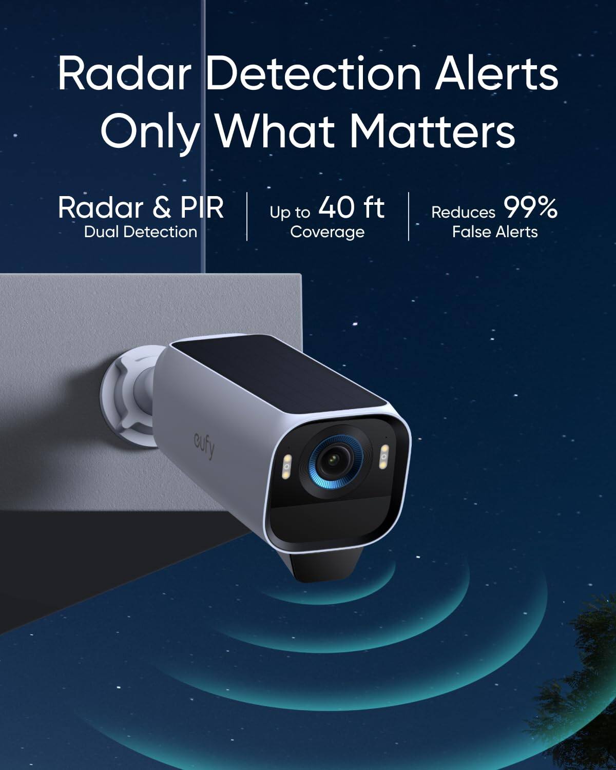 Radar Detection Alerts Only What Matters

Radar & PIR
Dual Detection
Up to 40 ft Coverage
Reduces 99% False Alerts
oufy