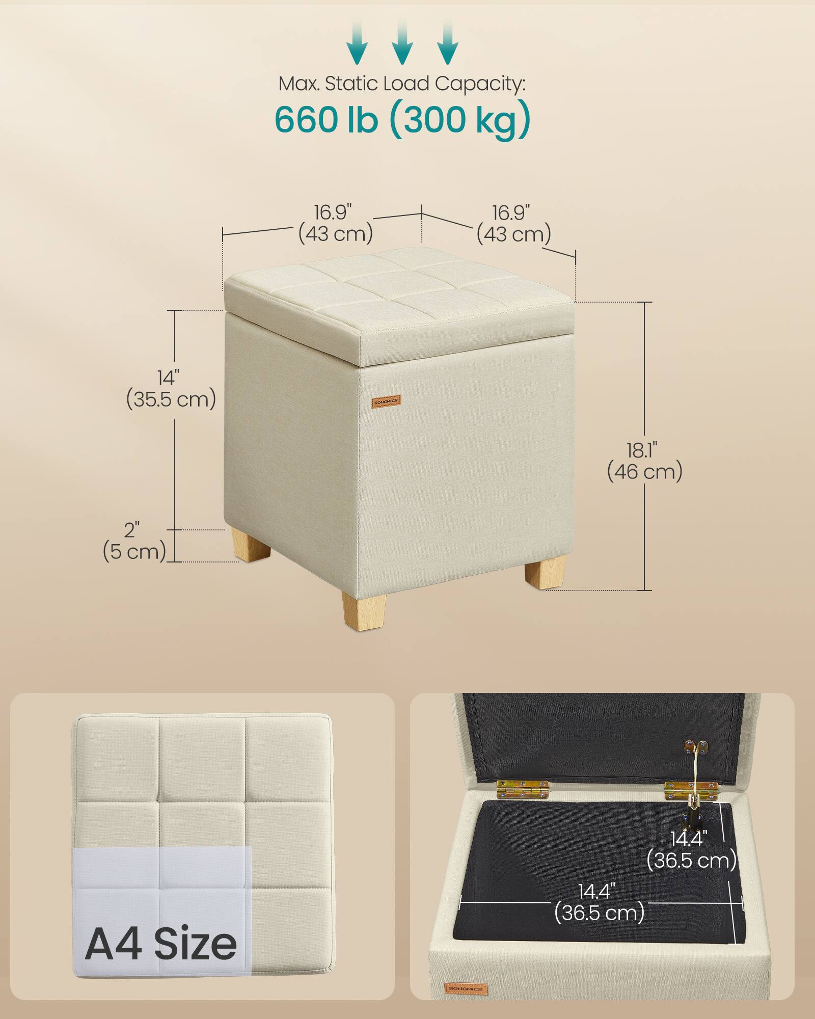 Max. Static Load Capacity: 660 lb (300 kg)  
16.9" (43 cm) x 16.9" (43 cm) x 14" (35.5 cm)  
S 18.1" (46 cm) x 2" (5 cm)  
A4 Size: 14.4" (36.5 cm) x 14.4" (36.5 cm)