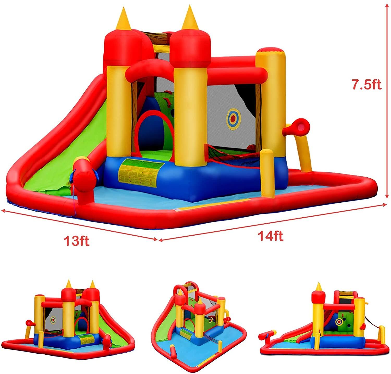 The dimensions of the inflatable play structure are:

- Height: 7.5 ft
- Length: 14 ft
- Width: 13 ft
