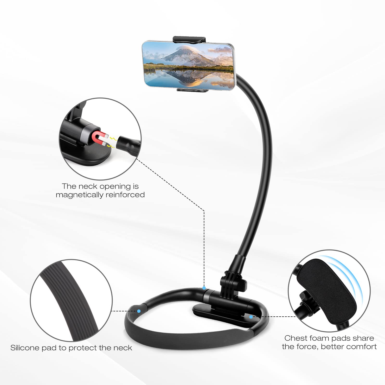 The neck opening is magnetically reinforced.

Silicone pad to protect the neck.

Chest foam pads share the force, better comfort.