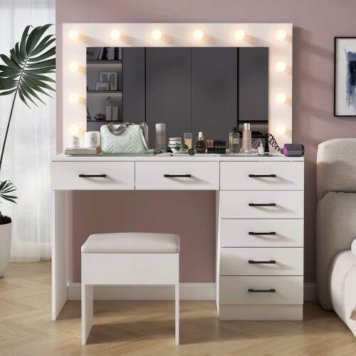 Alt View 4. Winado - Vanity Makeup Table Set Dressing Desk Glass Visual Desktop with 3 Colors LED Lights Bulbs Mirror, 7 Drawers,USB Ports - White.