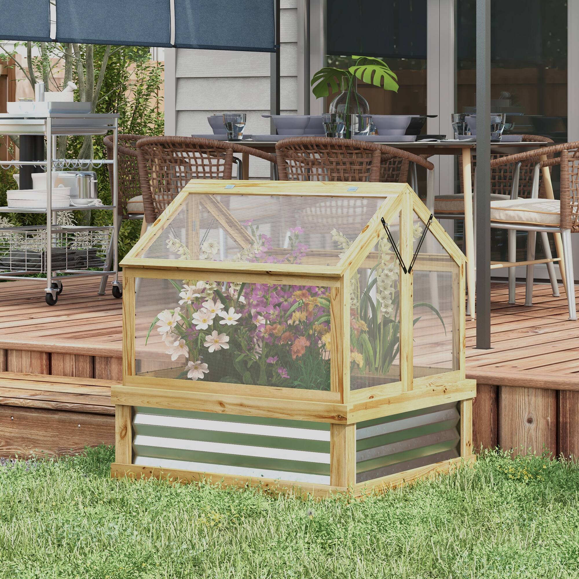 Alt View 1. Outsunny - Raised Garden Bed with Polycarbonate Greenhouse, Wooden Cold Frame Greenhouse, 35.5" x 31.5" x 36".