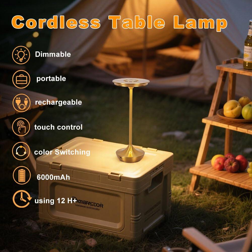 Cordless Table Lamp

- Dimmable
- Portable
- Rechargeable
- Touch control
- Color switching
- 6000mAh
- Using 12 H+ batteries