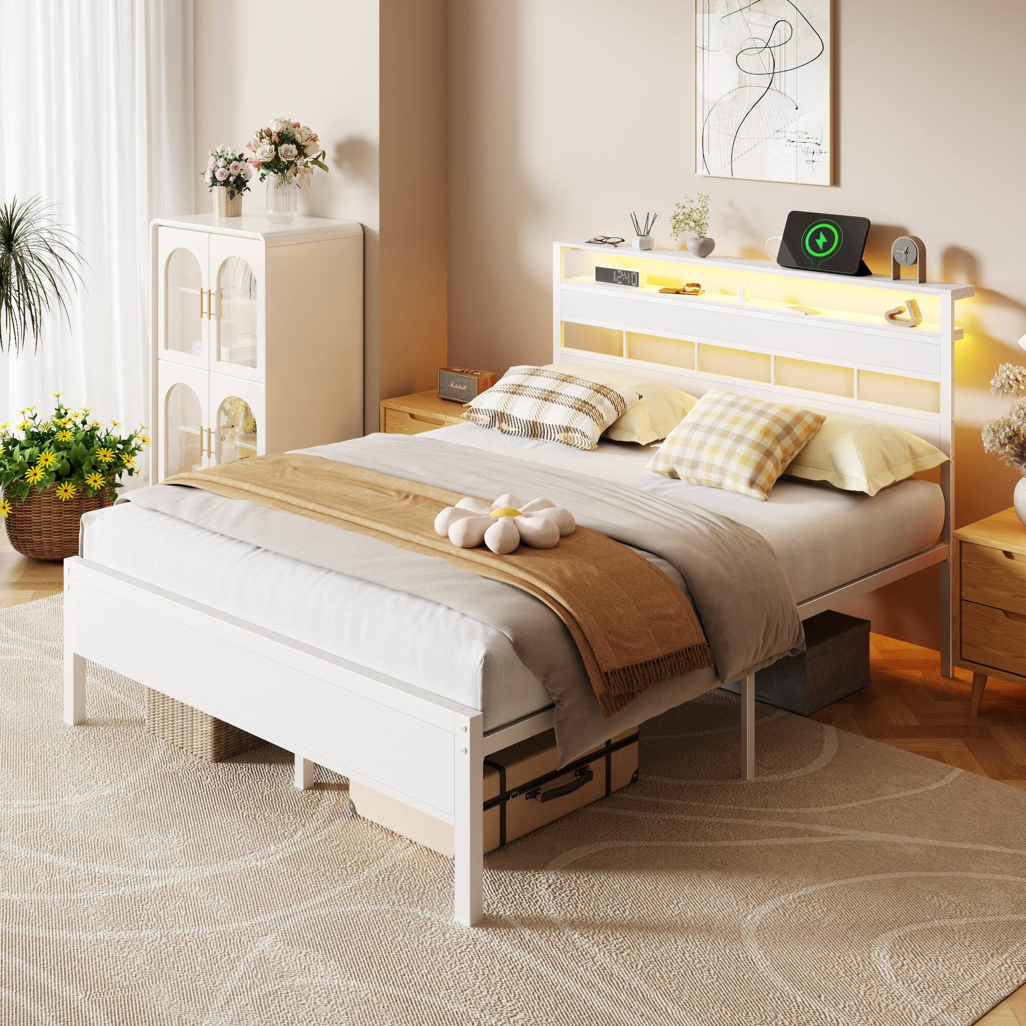 Left. Furnulem - Bed Frame with 2-Tier Shelves Charging Station  LED Lights Metal Slats Wood Headboard - White.