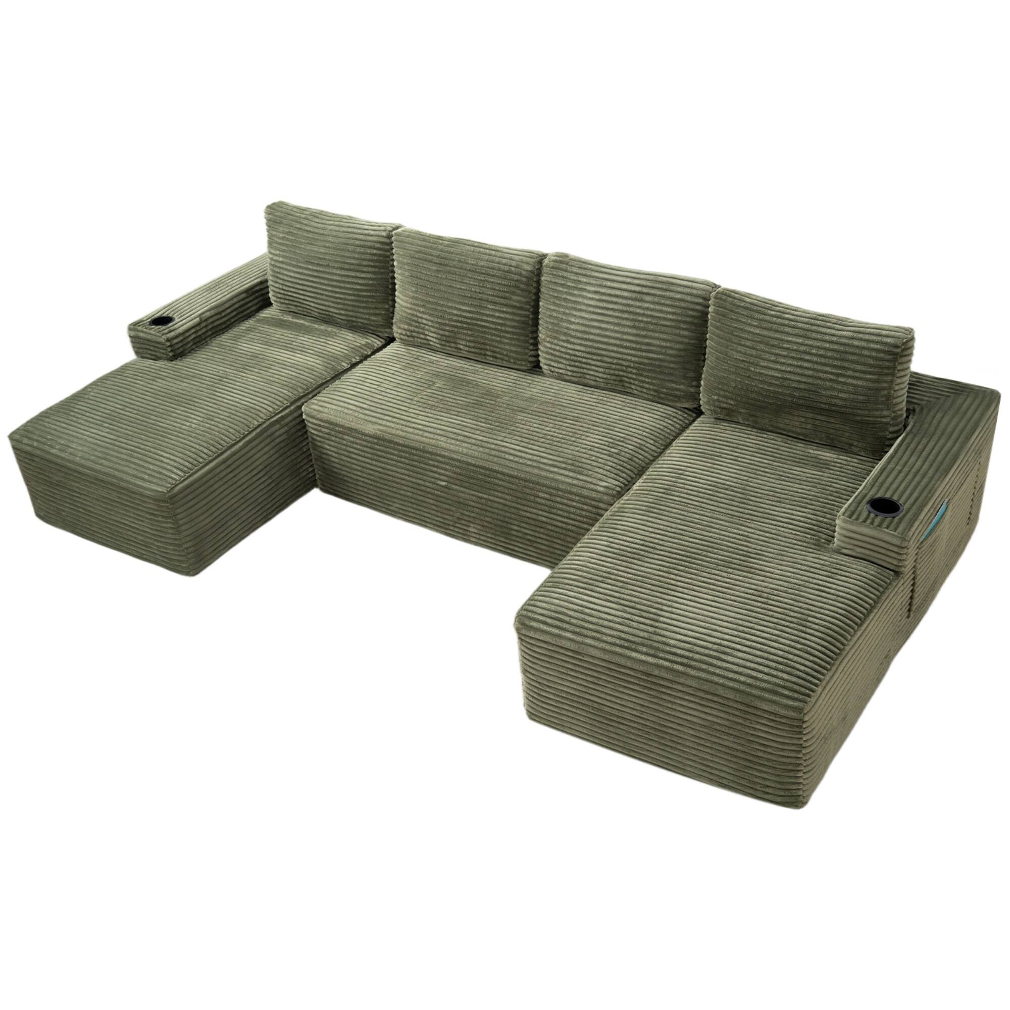 Back. Boyel Living - 133.4-Inch Corduroy Modular U-Shaped Cloud Sectional Sofa - Green.
