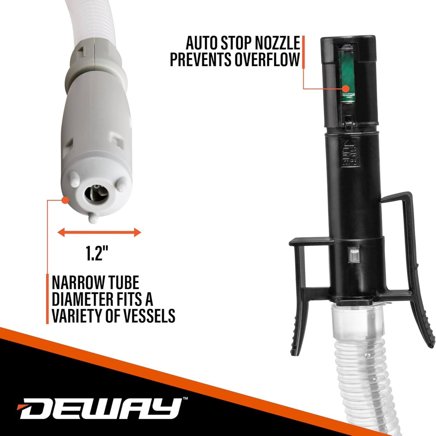 AUTO STOP NOZZLE PREVENTS OVERFLOW  
1.2" NARROW TUBE DIAMETER FITS A VARIETY OF VESSELS  
DEWAY