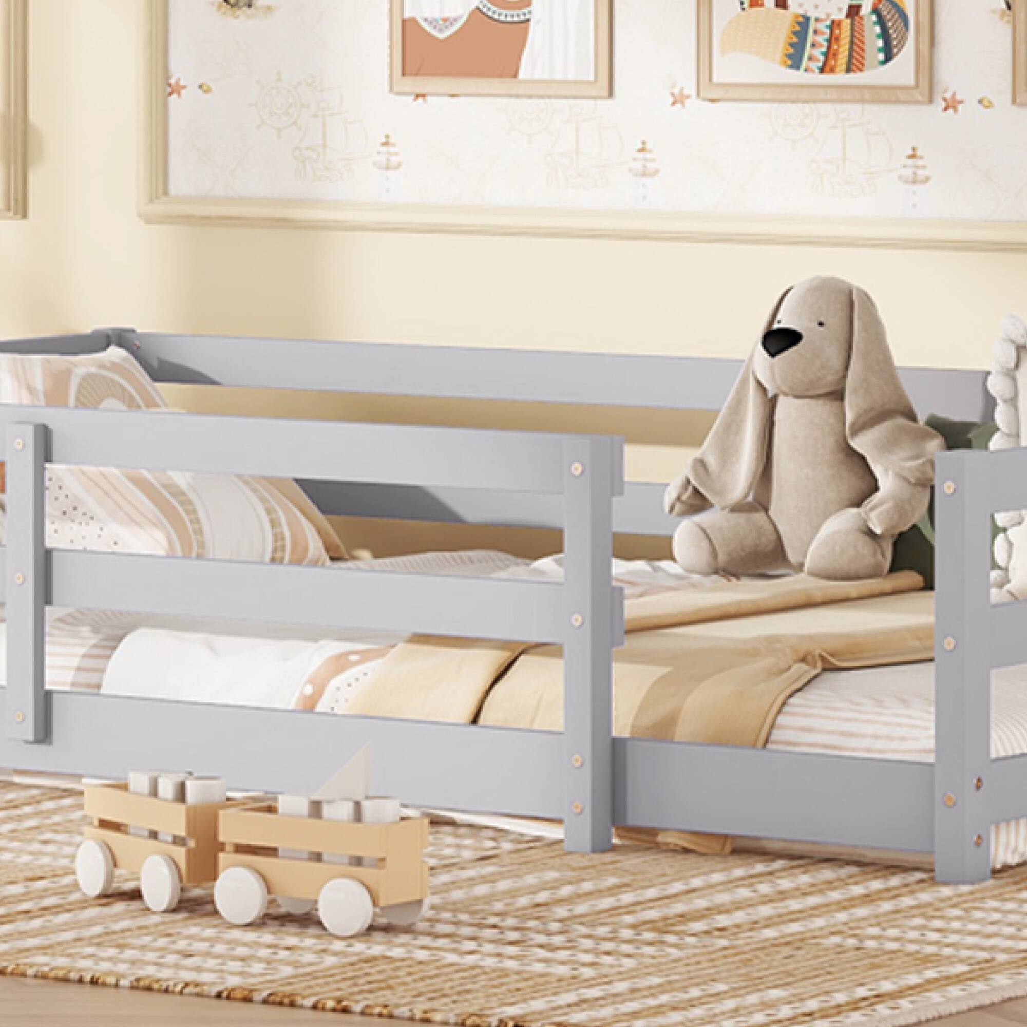 Alt View 4. GOODSILO - Twin Size Floor Bed for Kids with Safety Fence, Sturdy Wooden Montessori Style Bed Frame for Boys and Girls - Grey.