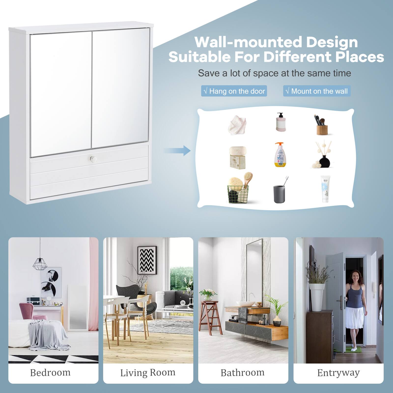 Wall-mounted Design Suitable For Different Places Save a lot of space at the same time 7 Hang on the door Mount on the wall Bedroom Living Room Bathroom Entryway