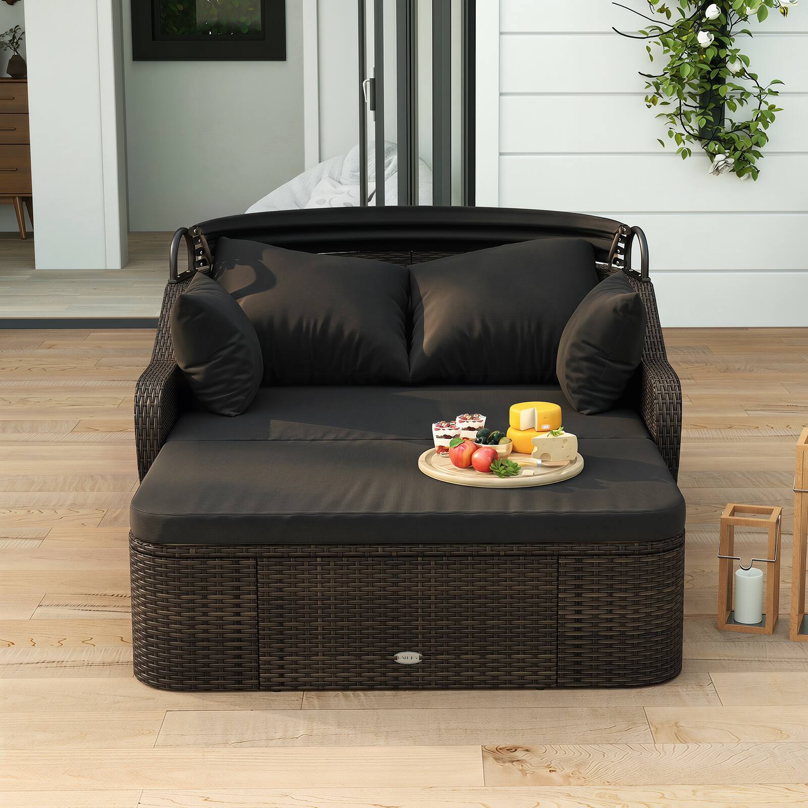 Alt View 4. Costway - Costway Patio PE Rattan Daybed with Retractable Canopy, Soft Cushions and Extra Pillows - Mix Brown & Black.