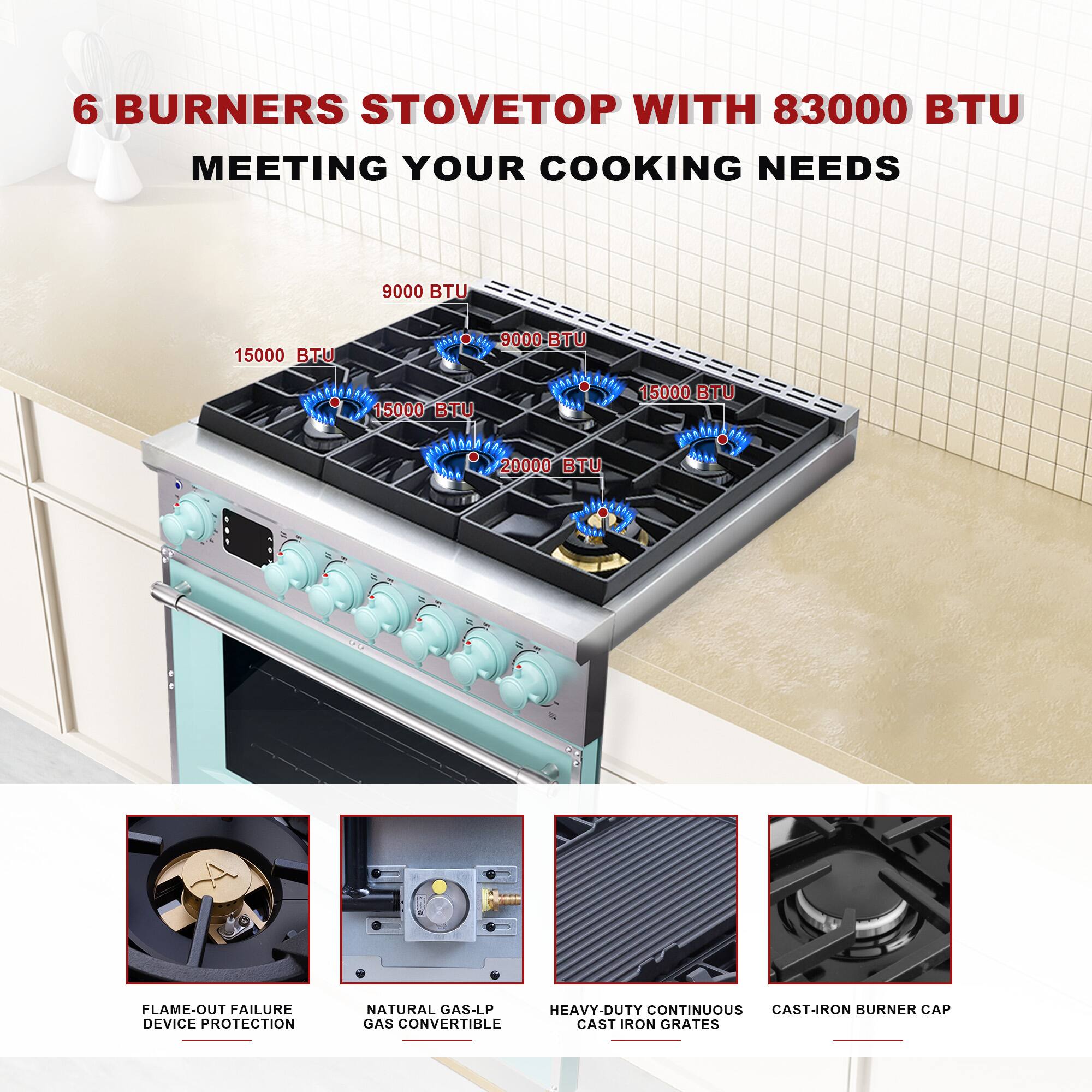 6 Burners Stovetop with 83000 BTU Meeting Your Cooking Needs

9000 BTU  
15000 BTU  
9000 BTU  
15000 BTU  
15000 BTU  
20000 BTU  

Flame-Out Failure Device Protection  
Natural Gas-LP Gas Convertible  
Heavy-Duty Continuous Cast-Iron Grates  
Cast-Iron Burner Cap