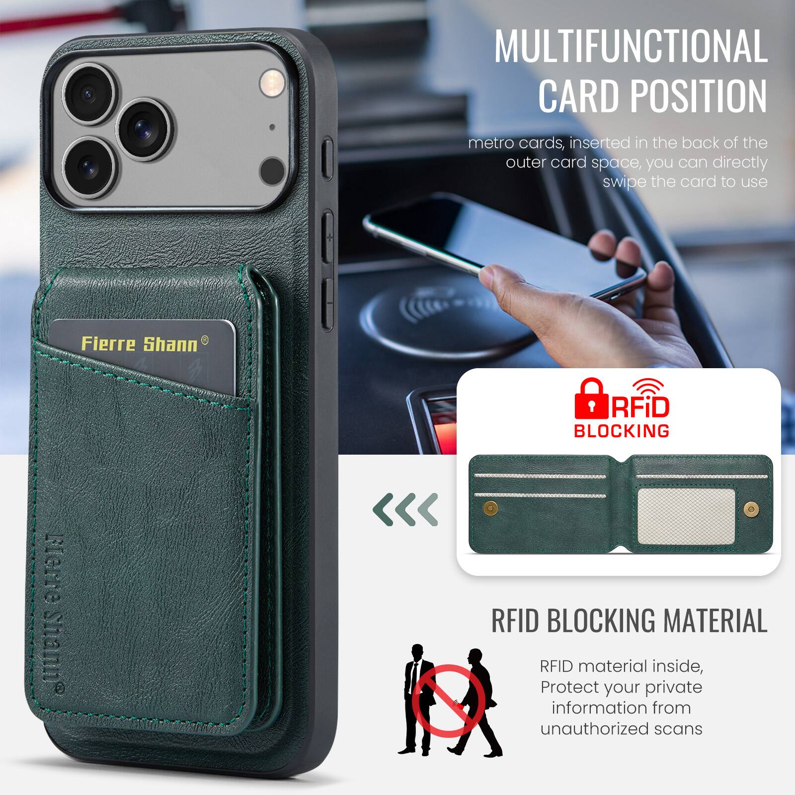 MULTIFUNCTIONAL CARD POSITION

metro cards, inserted in the back of the outer card space, you can directly swipe the card to use

RFID BLOCKING

RFID BLOCKING MATERIAL

RFID material inside, Protect your private information from unauthorized scans
