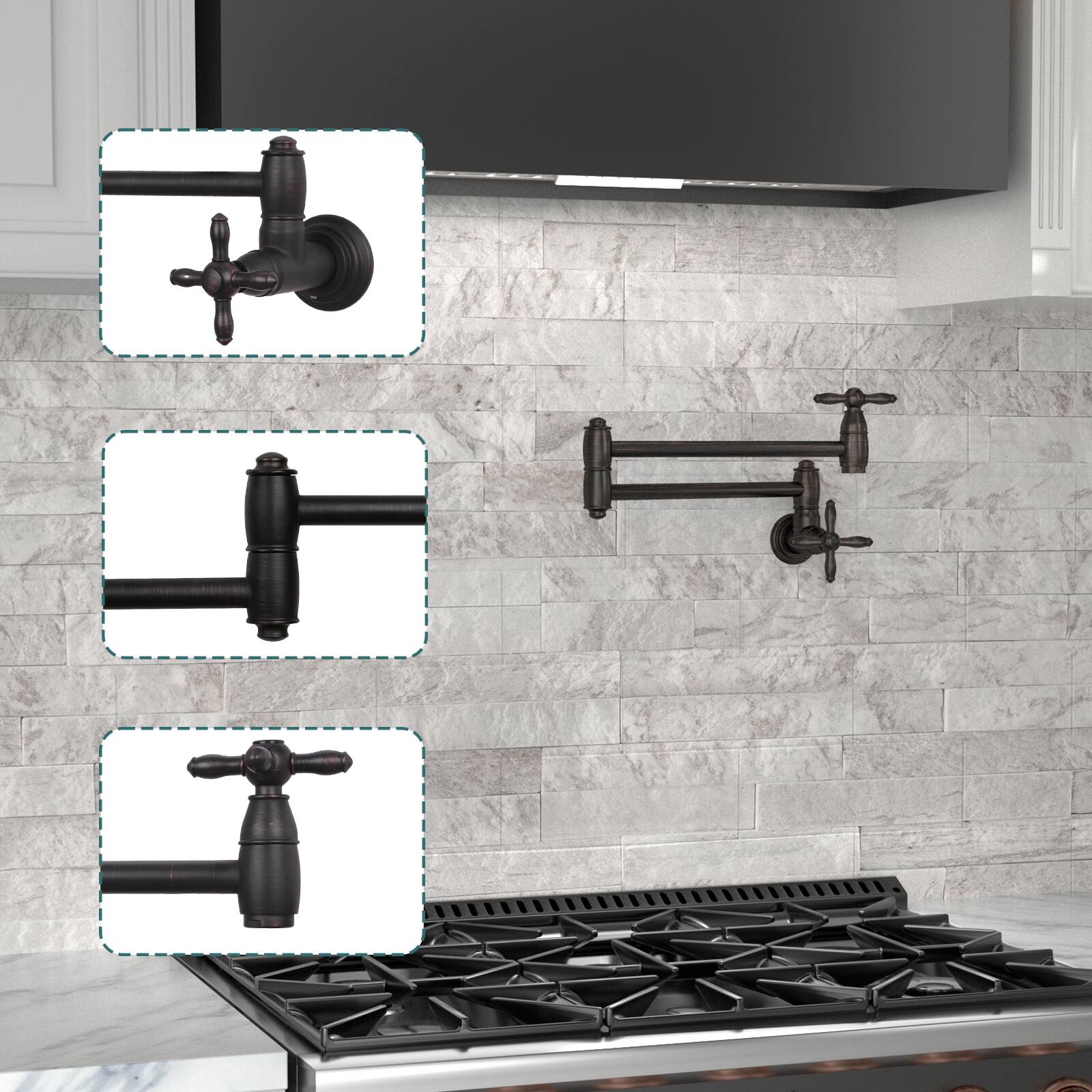 Alt View 1. Akicon - Akicon Solid Brass Wall Mount Pot Filler Kitchen Faucet with Double Joint Swing Arms for Stovetop in Oil Rubbed Bronze - Oil Rubbed Bronze.