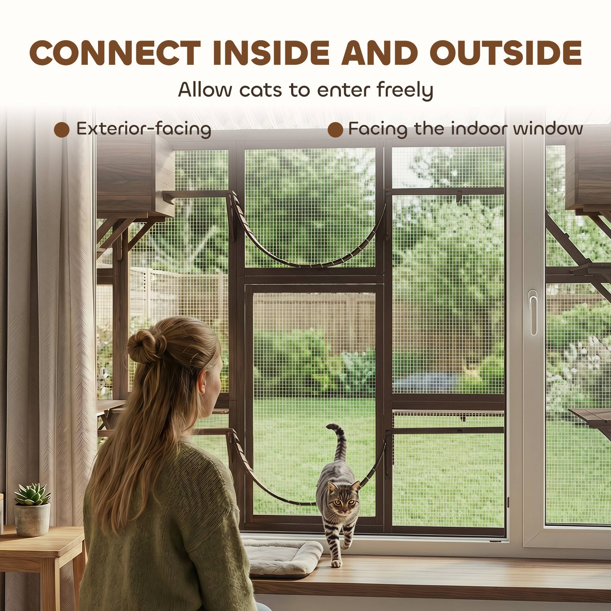 CONNECT INSIDE AND OUTSIDE  
Allow cats to enter freely  
- Exterior-facing  
- Facing the indoor window