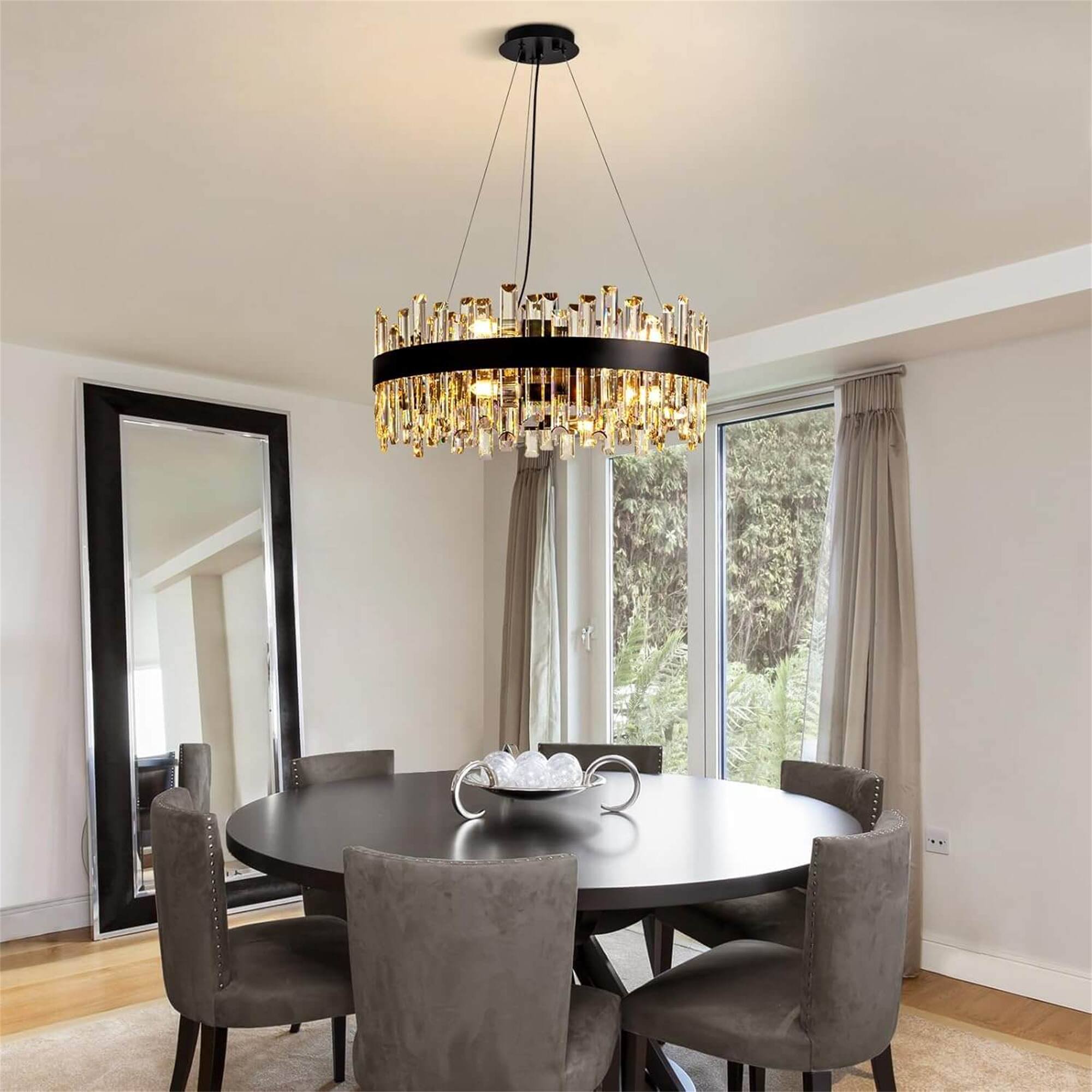 Left. Siljoy - 12-Light Black Round K9 Crystal Raindrop Chandelier, 23.6"Flush Mount Ceiling Light for Dining Kitchen Living Room - Black.