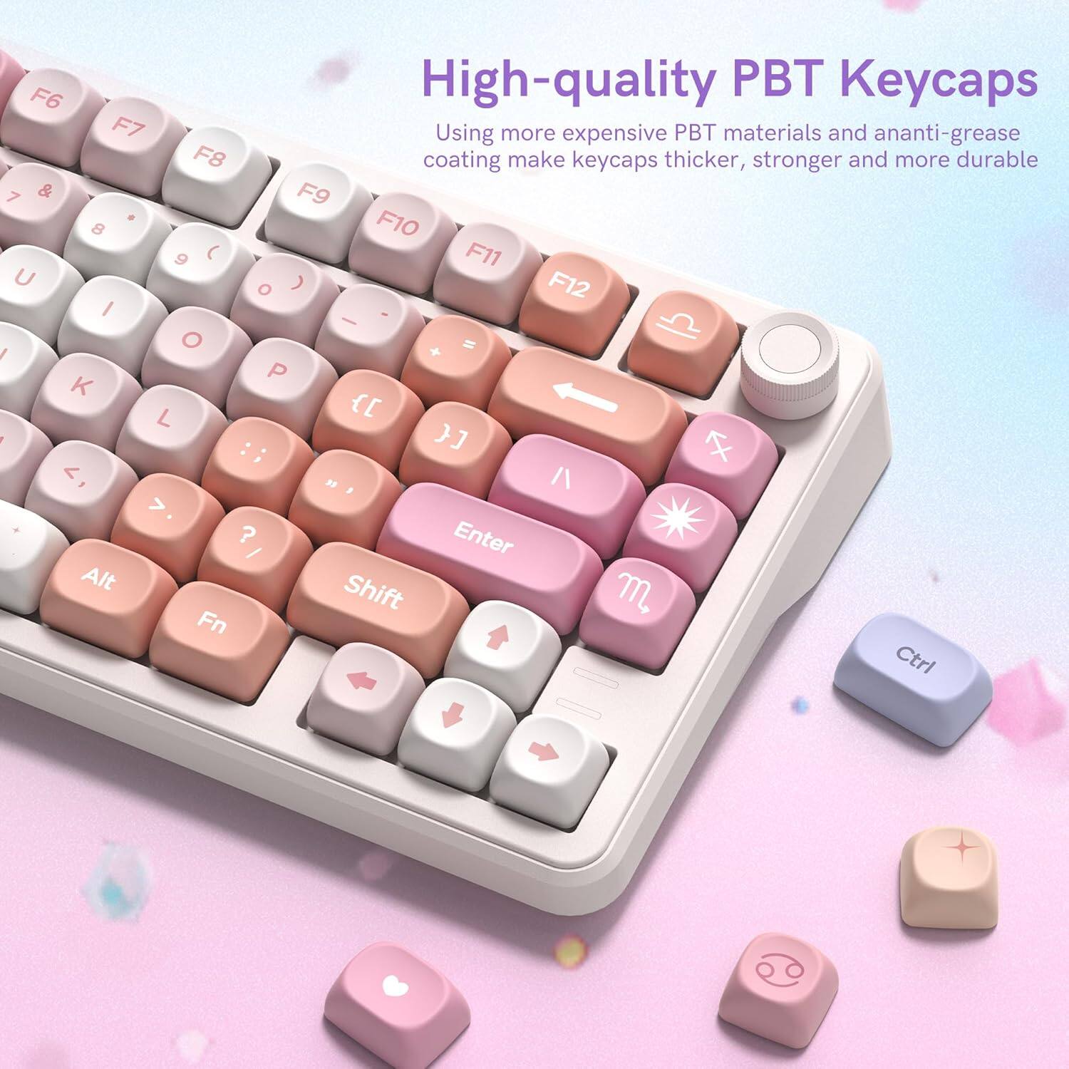 High-quality PBT Keycaps

Using more expensive PBT materials and an anti-grease coating make keycaps thicker, stronger and more durable

F6 F7 F8 F9 F10 F11 F12

7 & 8 9 ( 0 ) U I O P K L { } | Enter

Alt Shift M, Fn Ctrl