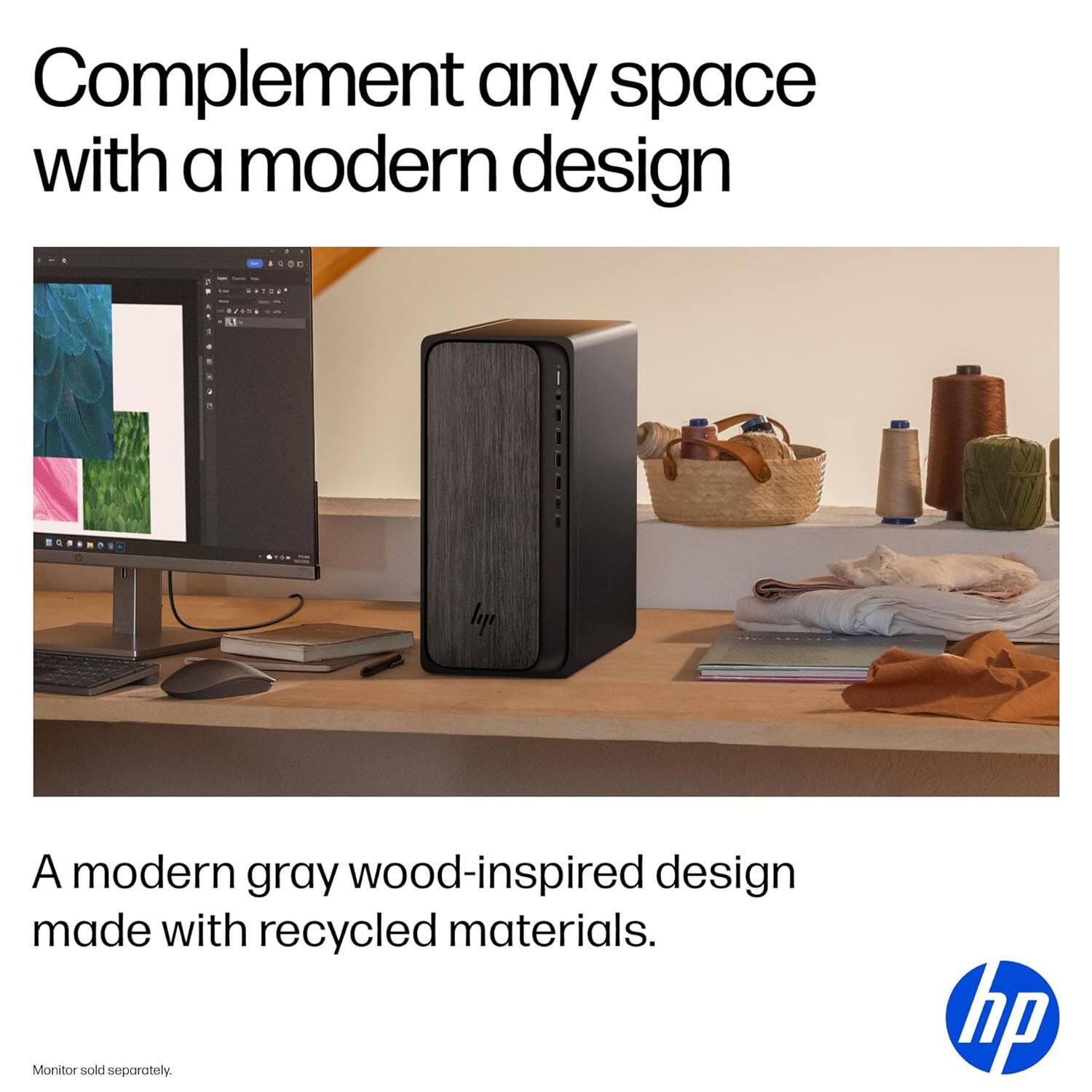 Complement any space with a modern design

A modern gray wood-inspired design made with recycled materials.

Monitor sold separately.